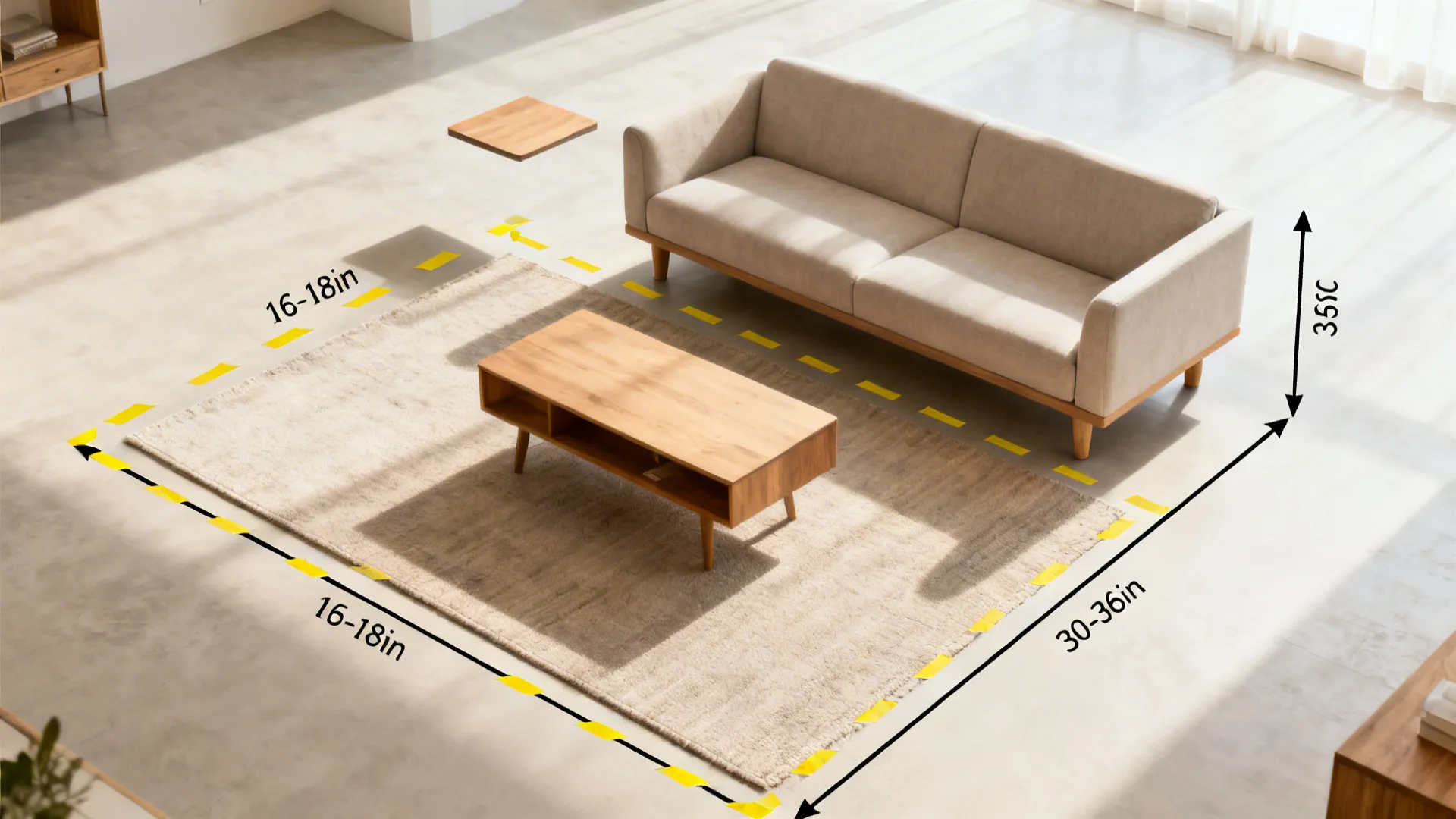 Top-down layout with taped sofa footprint and clear walkways in a small living room.