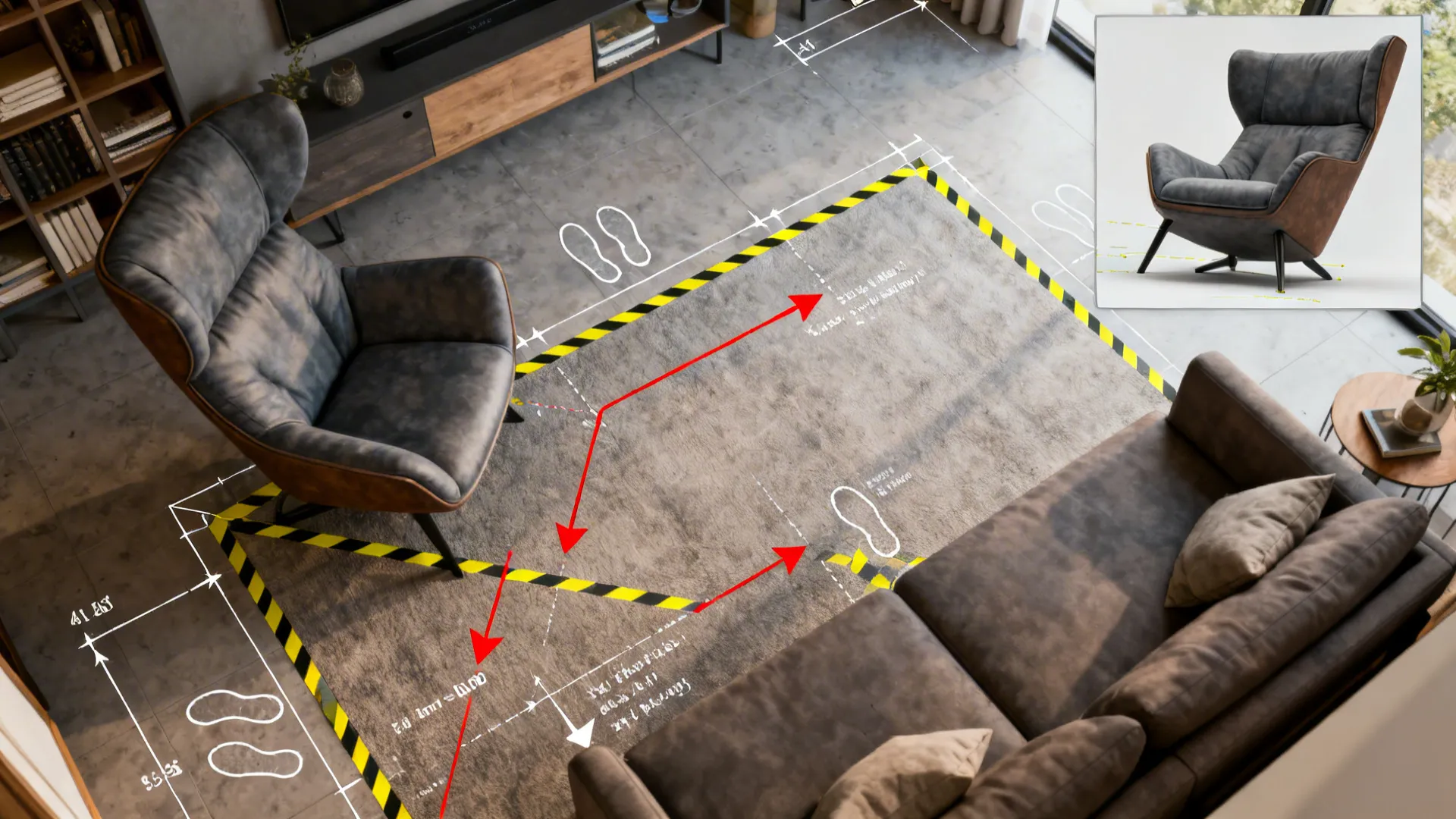 Top-down layout showing taped footprints and circulation for placing a high-back chair in a small living room.