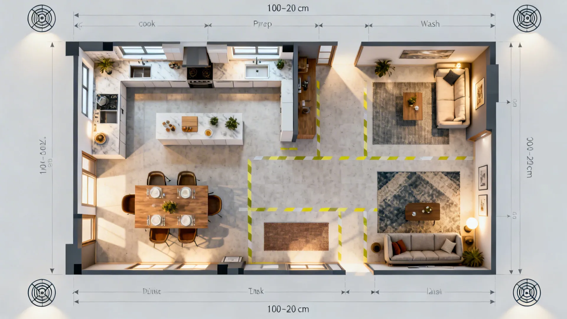 Top-down view illustrating aisles, zones, and layered lighting in an open plan layout.