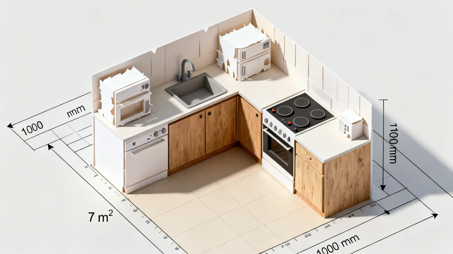 Top-down view of a compact L-shaped kitchen plan showing zones and clear aisle widths.