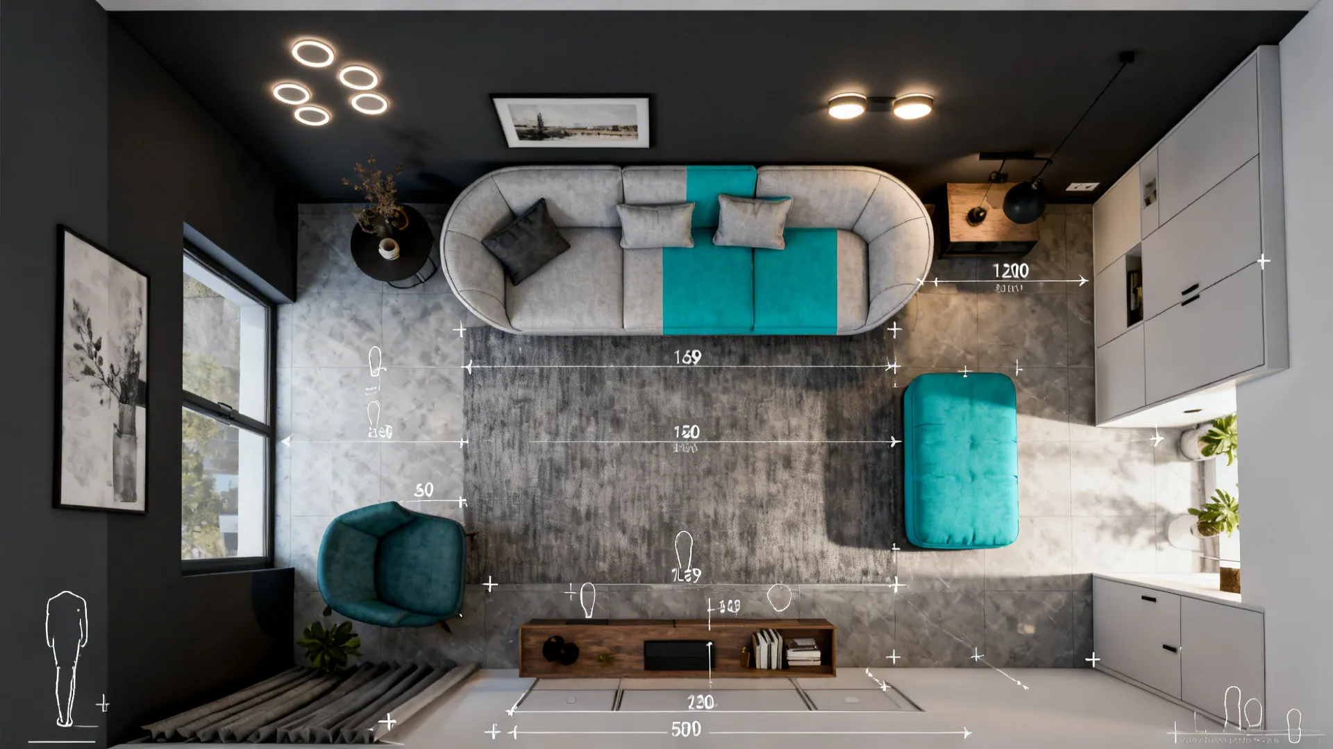 Top-down room planner sketch showing gray and teal layout options and proportions