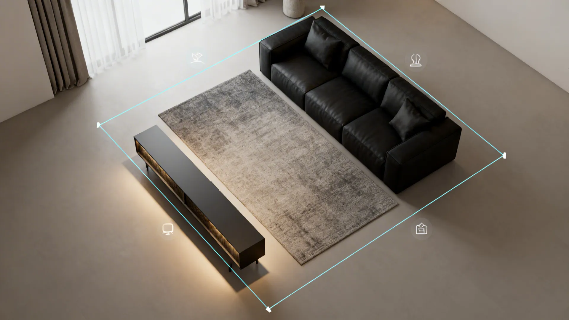 Top-down layout grid showing furniture spacing and lighting zones for a small living room with black pieces.