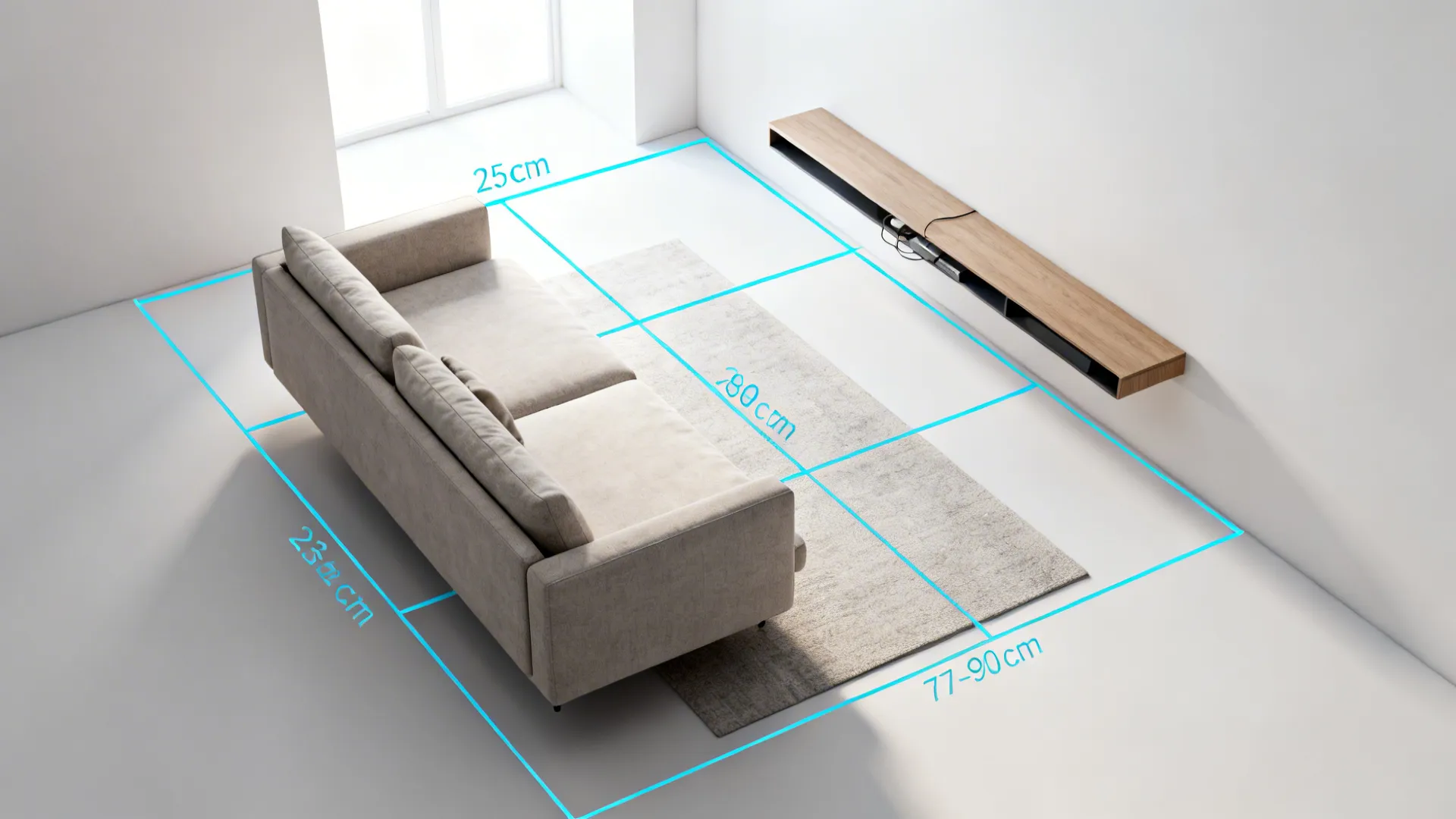 Top-down layout with a floated sofa and a 2x3 grid guiding zones and pathways.