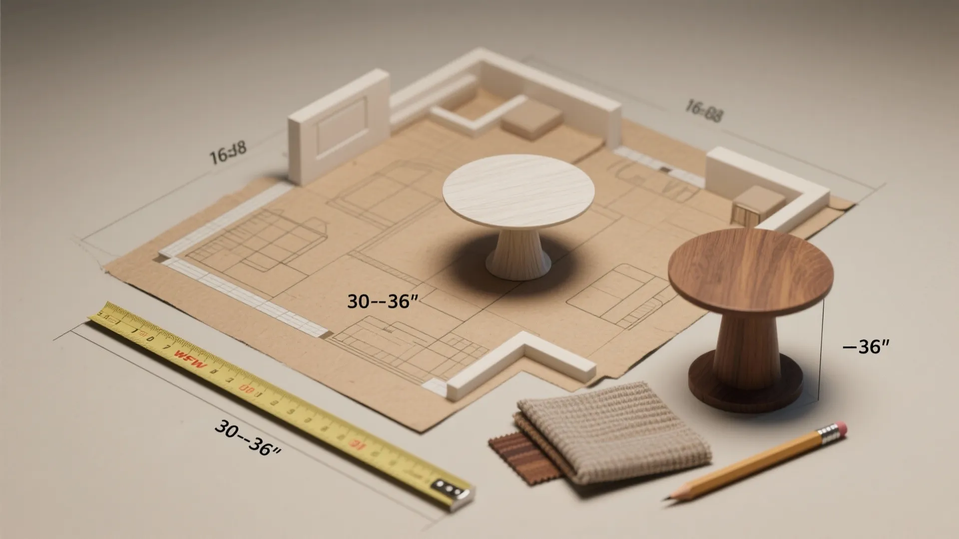 Top-down layout flatlay with tape-measured table footprints, measuring tape, and material swatches for planning a small dining area.