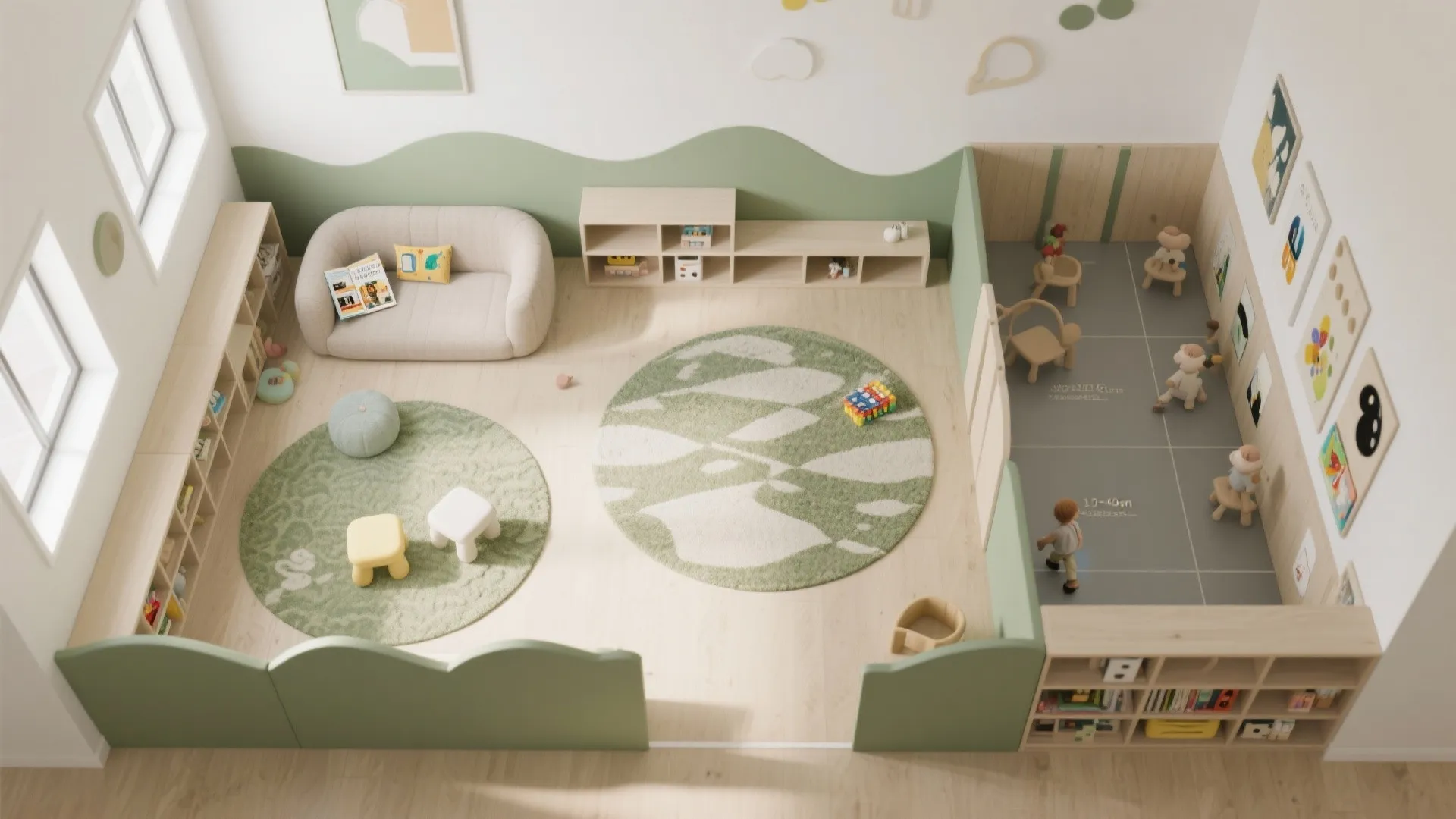Modern kids playroom interior design drawing with green wavy wall panels and round floor rugs