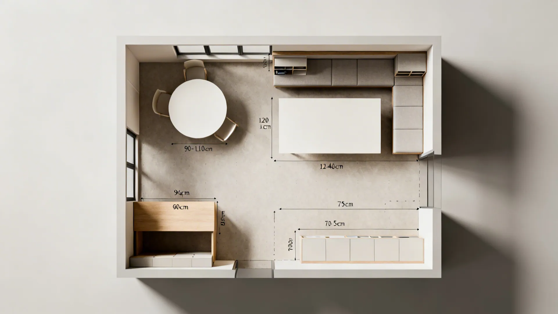 Top-down layout showing recommended furniture footprints and clearances for a small dining-office combo.
