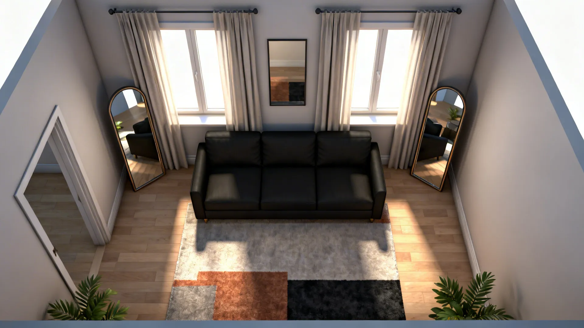 Top-down room layout showing placement options for a black couch, plants and mirrors