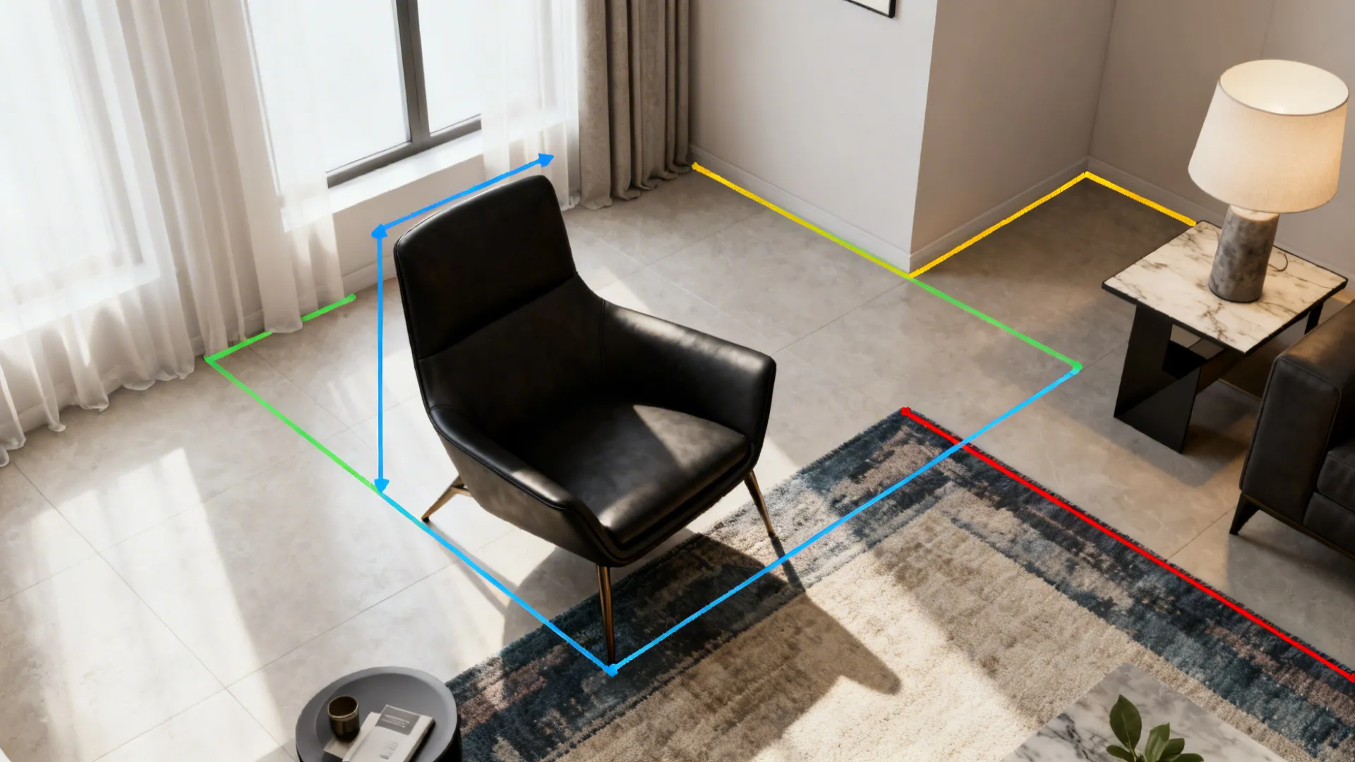 Top-down layout diagram of a small living room showing optimal placement for a black accent chair and circulation zones.