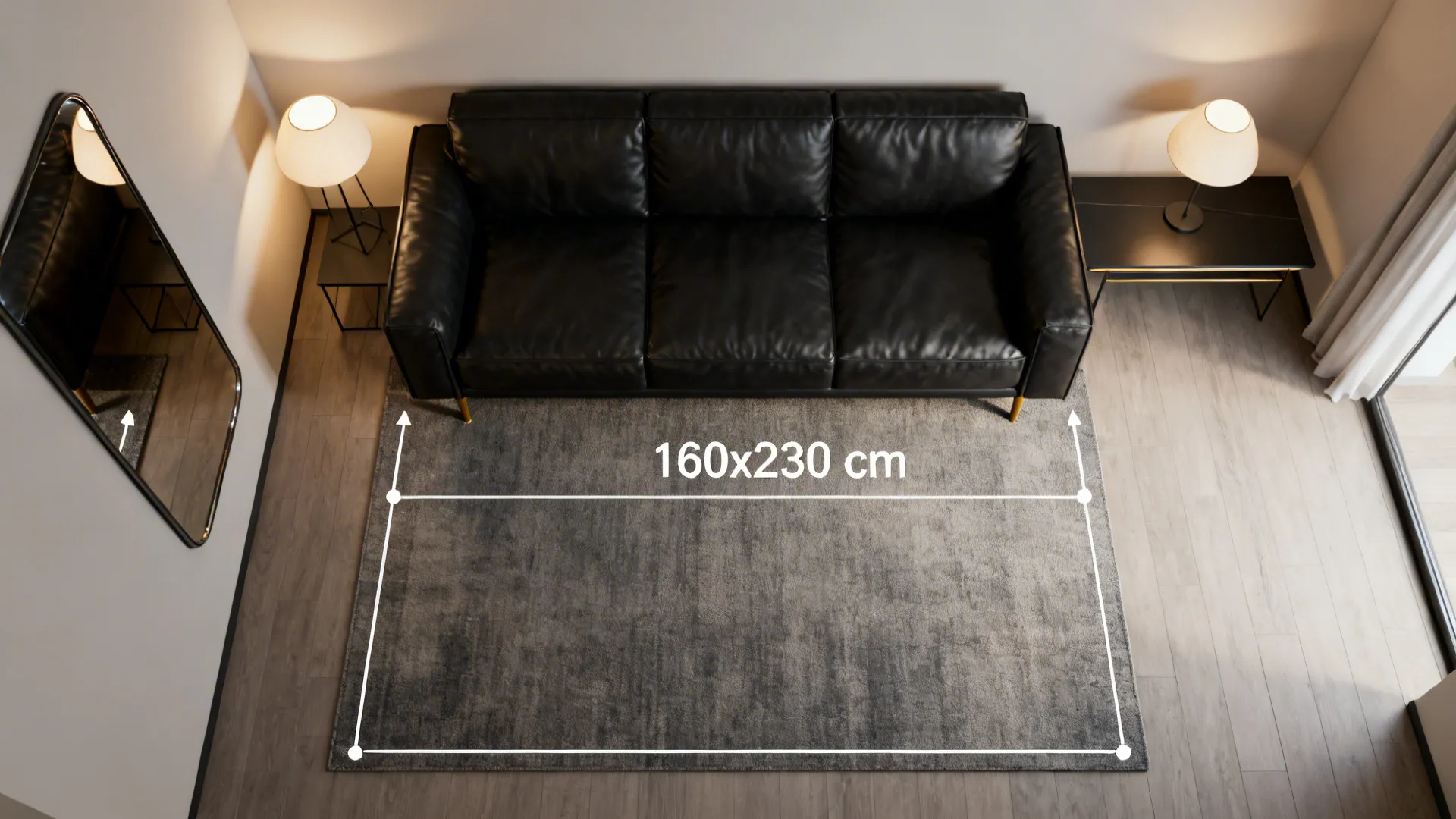 Top-down layout guide showing rug sizes and placements for a black leather sofa in a small living room.