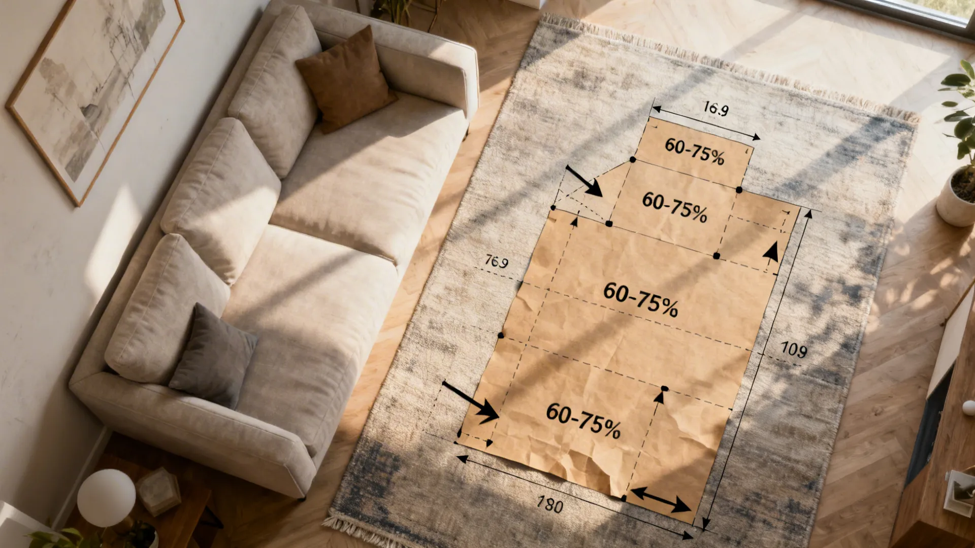 Top-down planning diagram showing sightlines and recommended artwork coverage above seating.