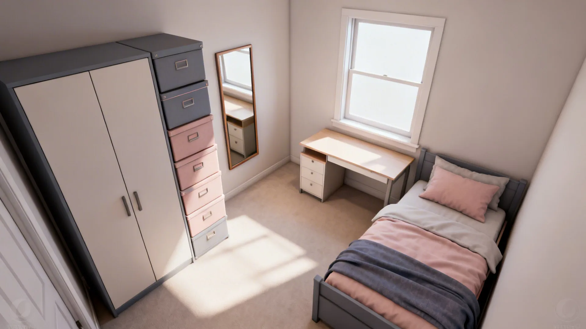 Top view of small bedroom with grey wardrobe pink boxes wooden desk and single bed