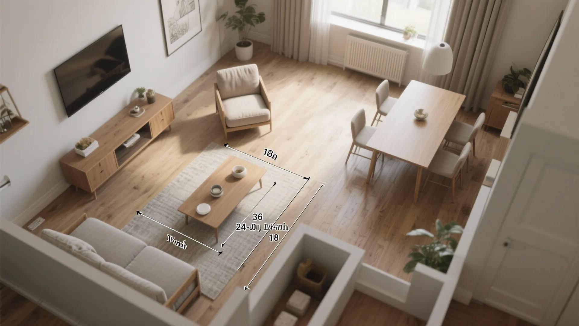 Top view of open living room and dining area with furniture dimensions for perfect room layout