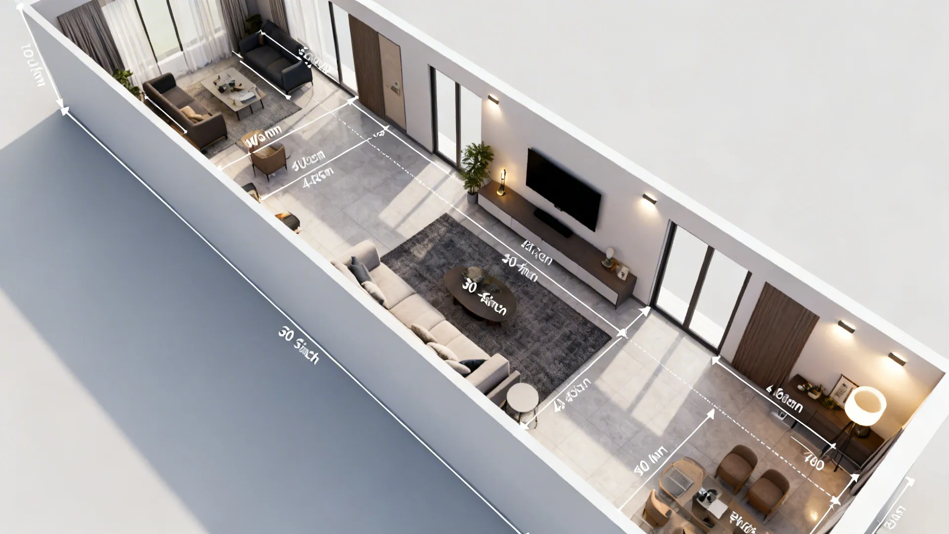 Top-down layout diagram of a rectangular living room indicating walking paths, rug placement and furniture clearances.