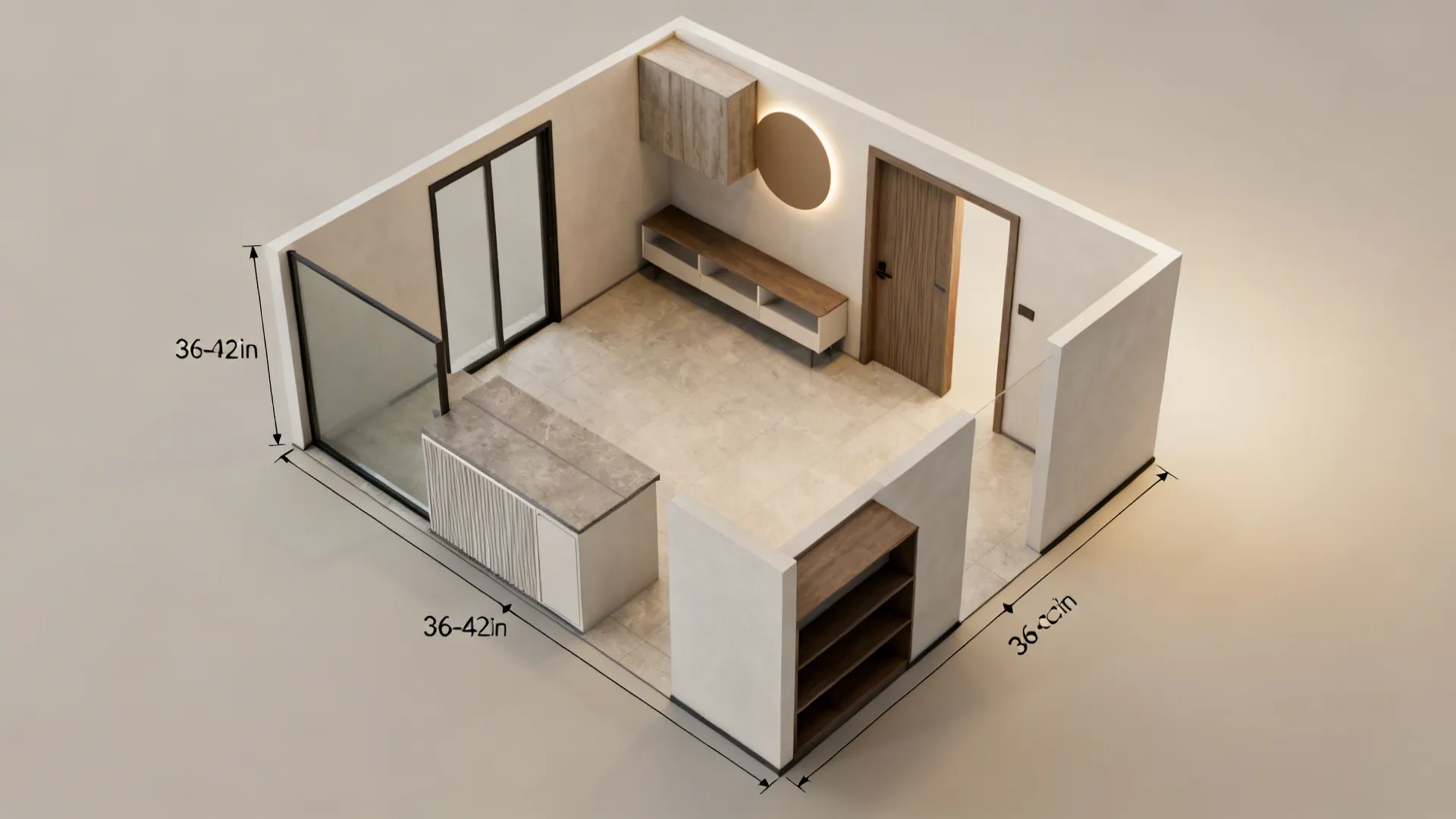 Top-down layout shows clear paths and typical counter-height partitions in a small apartment.