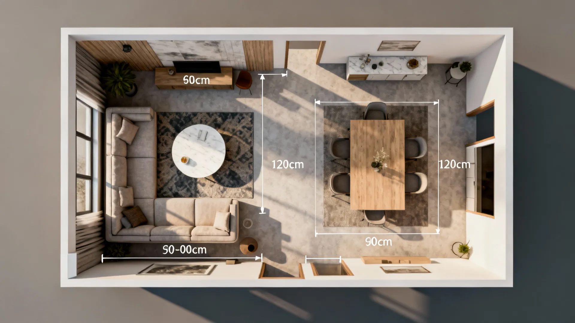 Top-down layout render showing furniture footprints and clearance guidance for a small living-dining room