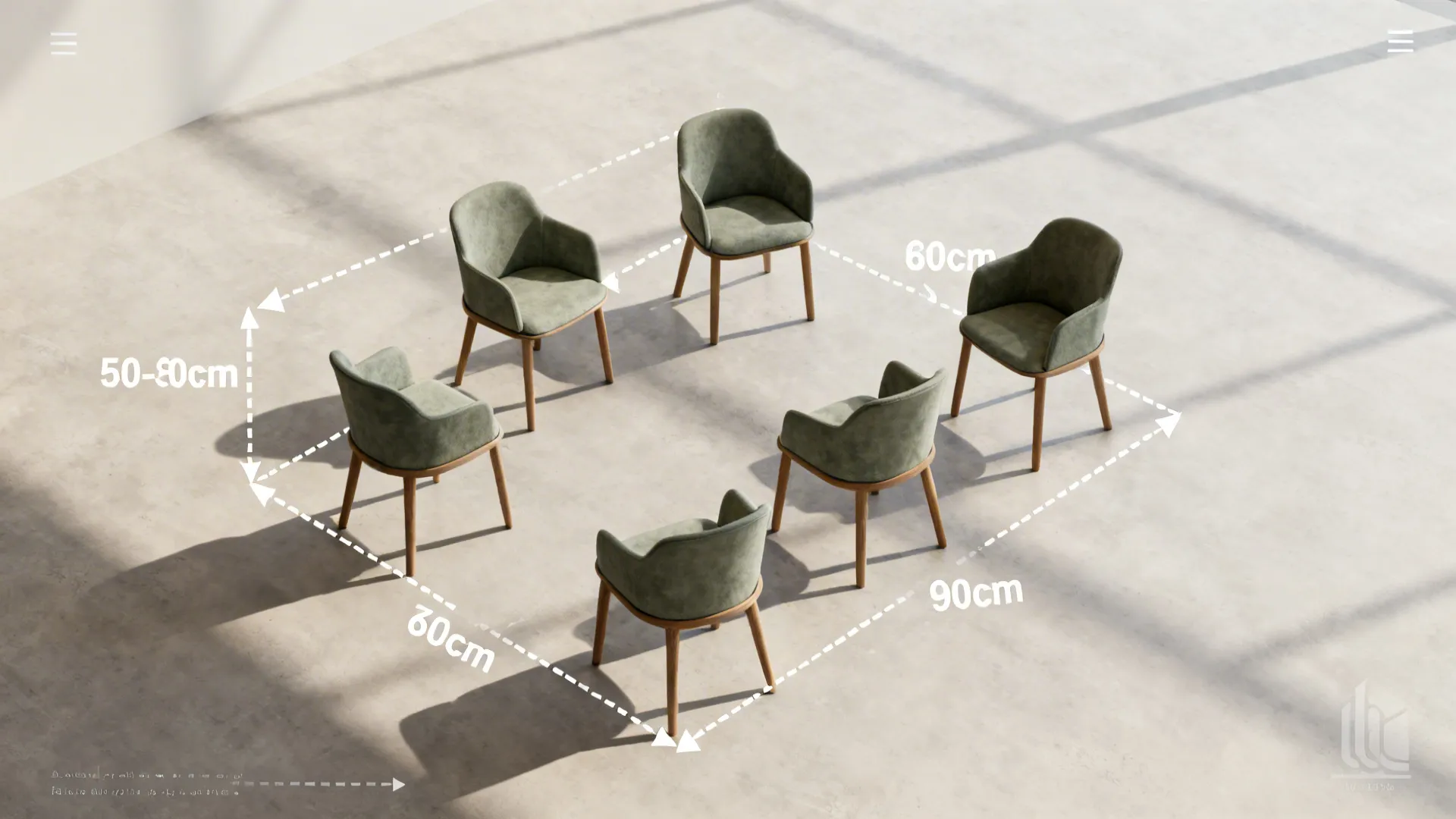 Top-down layout showing chair placement and clearance guidelines for small living rooms.