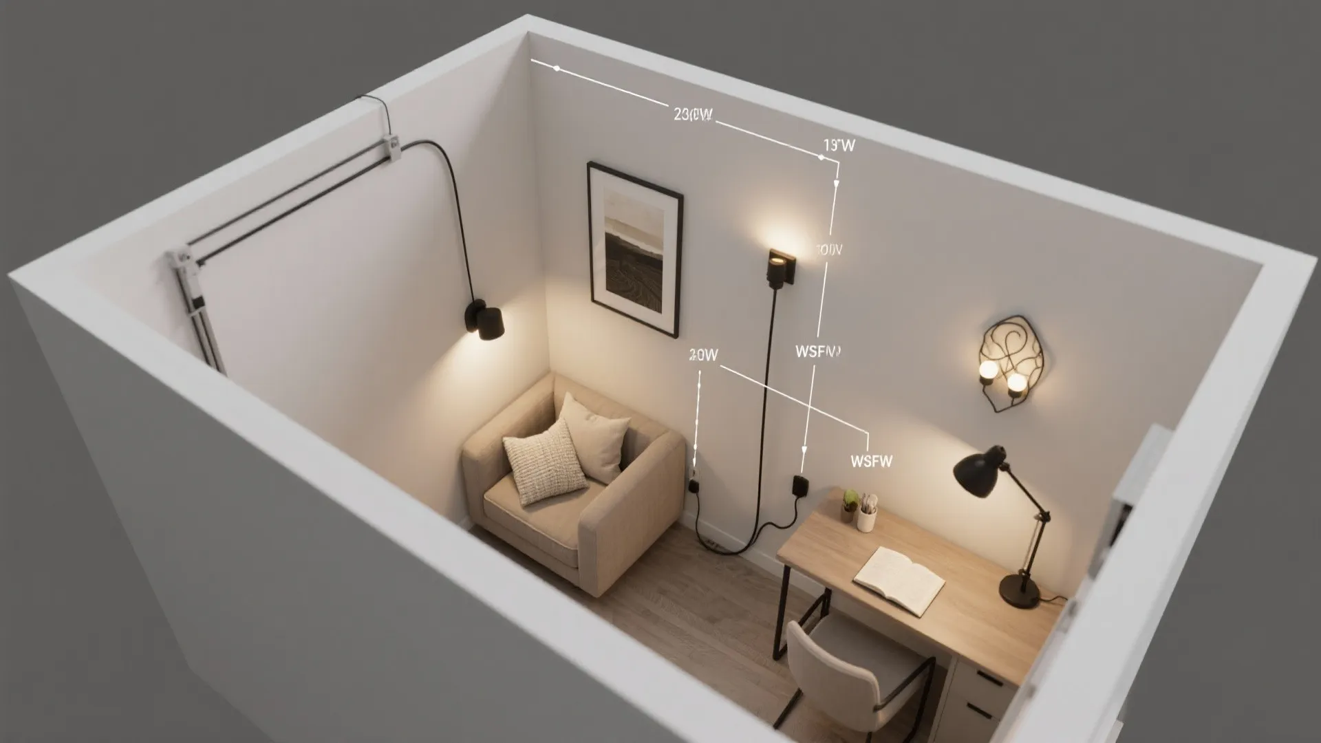 Top-down room layout showing recommended placements for various plug-in wall fixtures