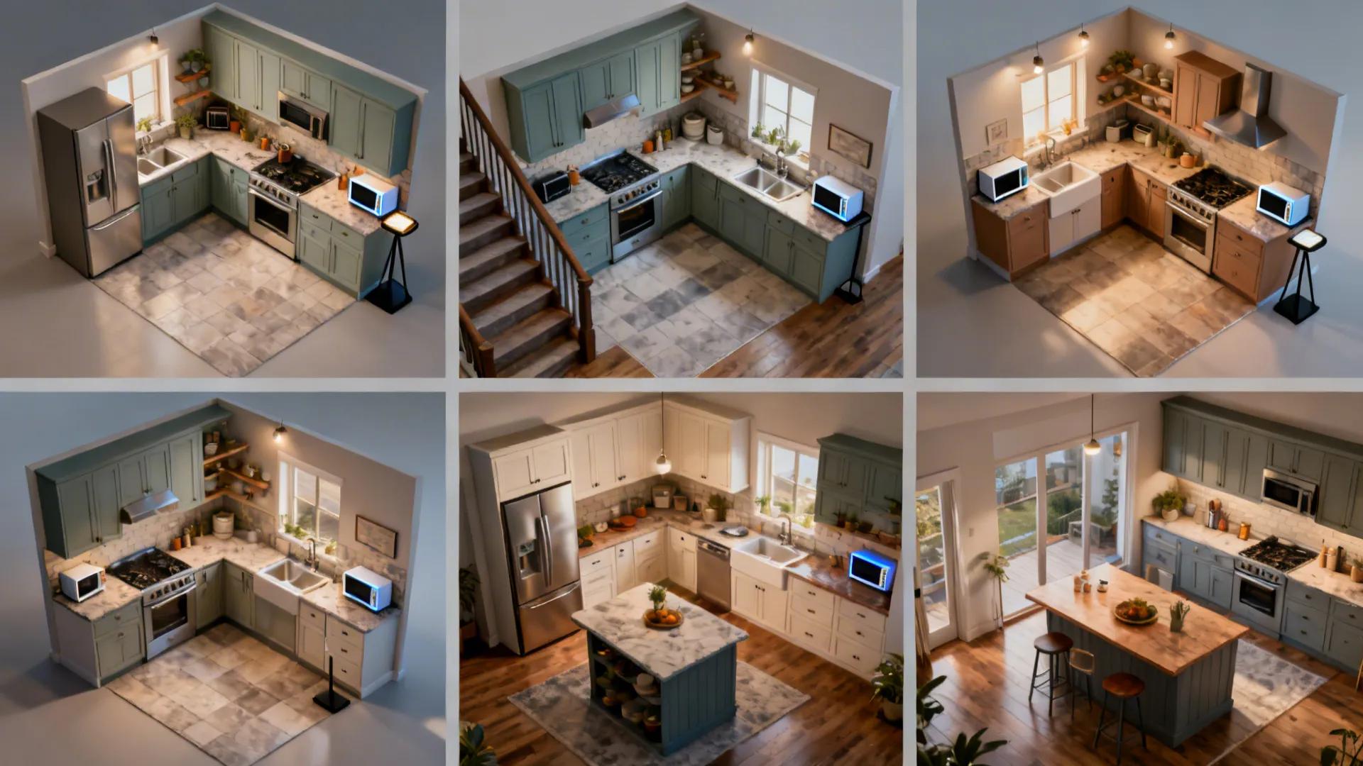 Top-down collage of galley, L, U, one-wall, and island layouts with suggested microwave spots.