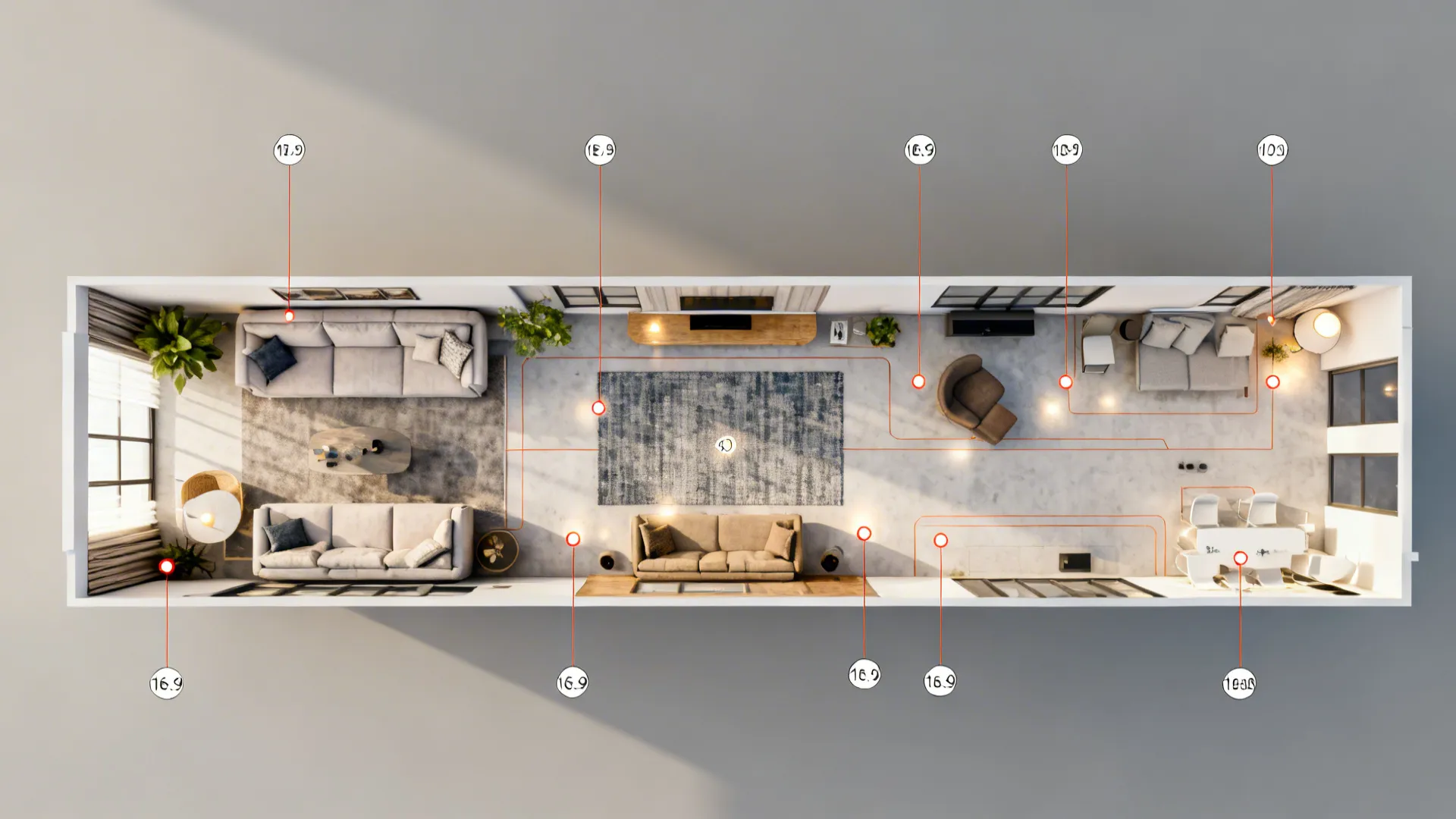 Top-down layout showing furniture placement, circulation paths, rug zones and lighting suggestions for a narrow living room.