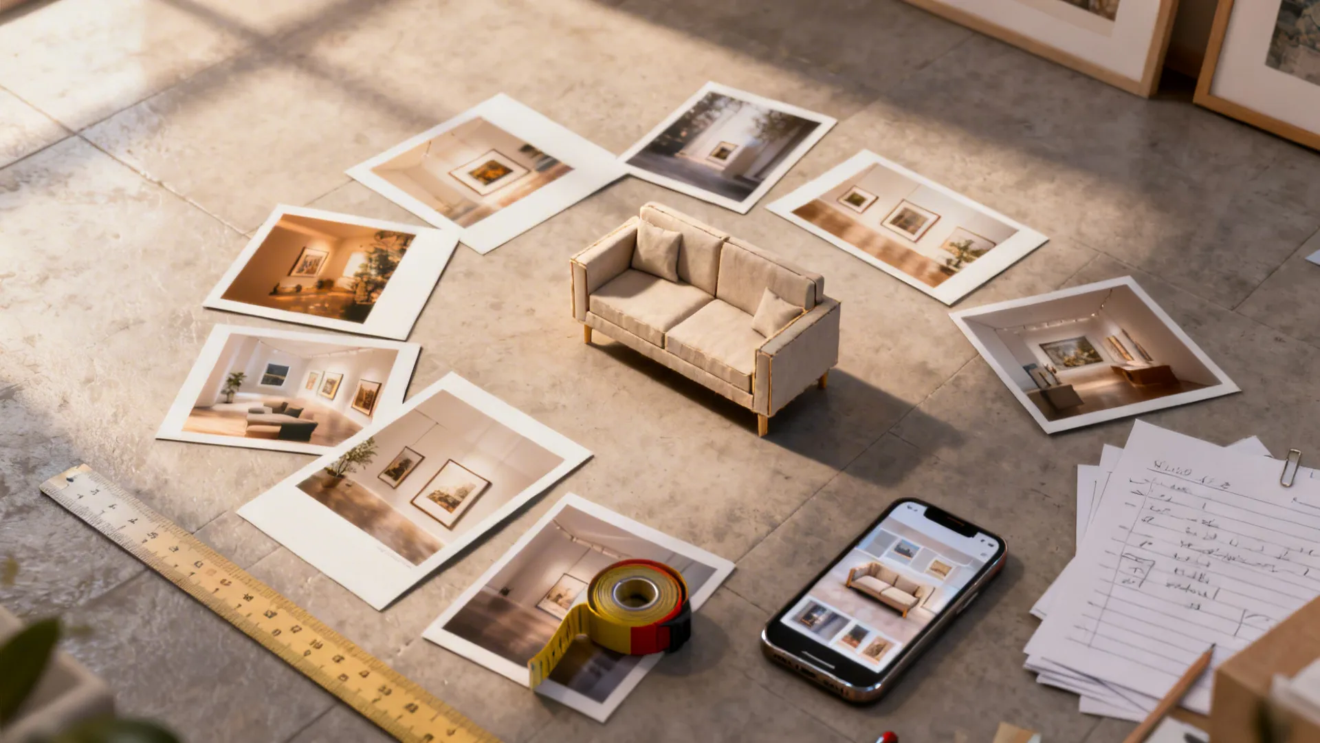 Designer mockup with prints and tools laid out on the floor to test gallery arrangements and sightlines.