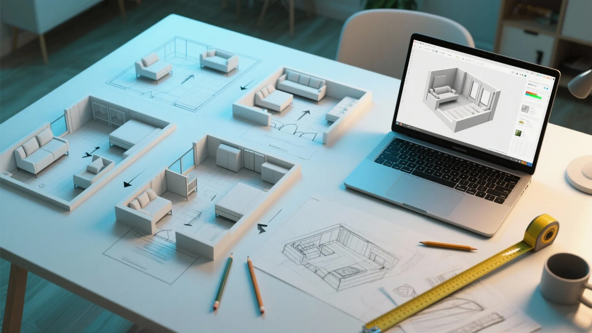 Laptop showing room layout next to physical 3D models and hand drawn interior design sketches