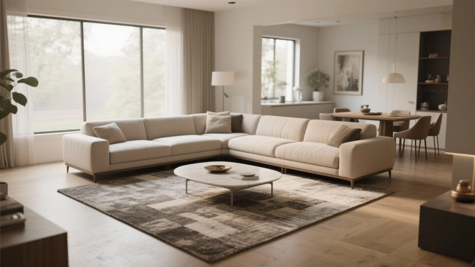 Large beige corner sofa in a bright living room with wooden floors and dining area