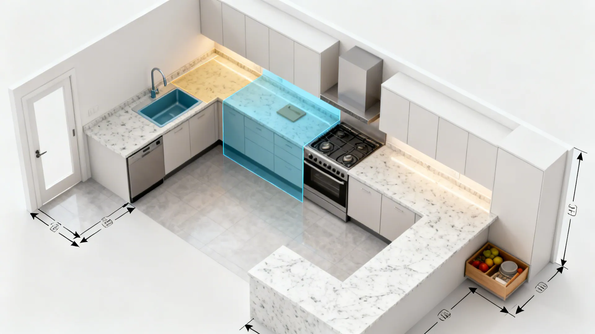 Top-down view of an L-shaped kitchen highlighting landing zones, corner roles, and door swing clearances.