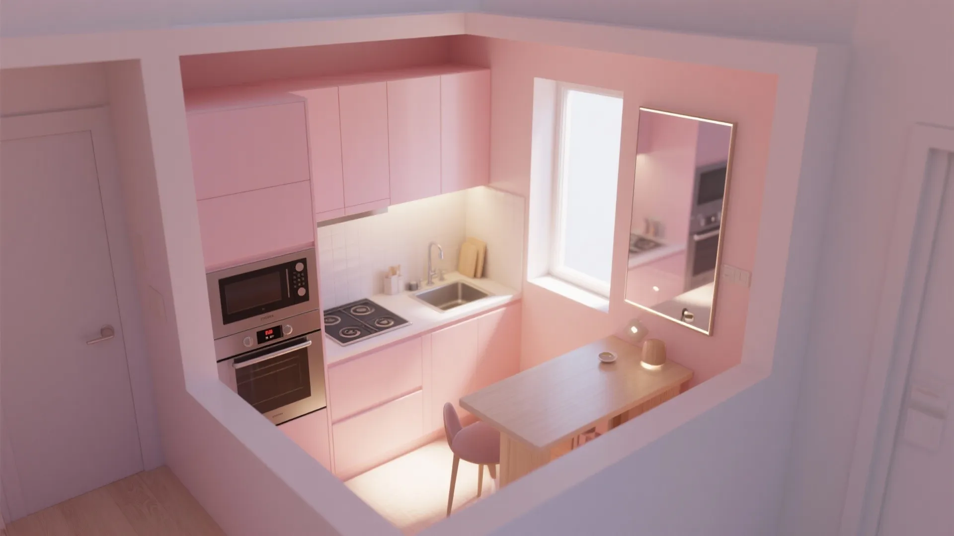 Small pink kitchen interior design drawing with wooden table and sink and stove and oven
