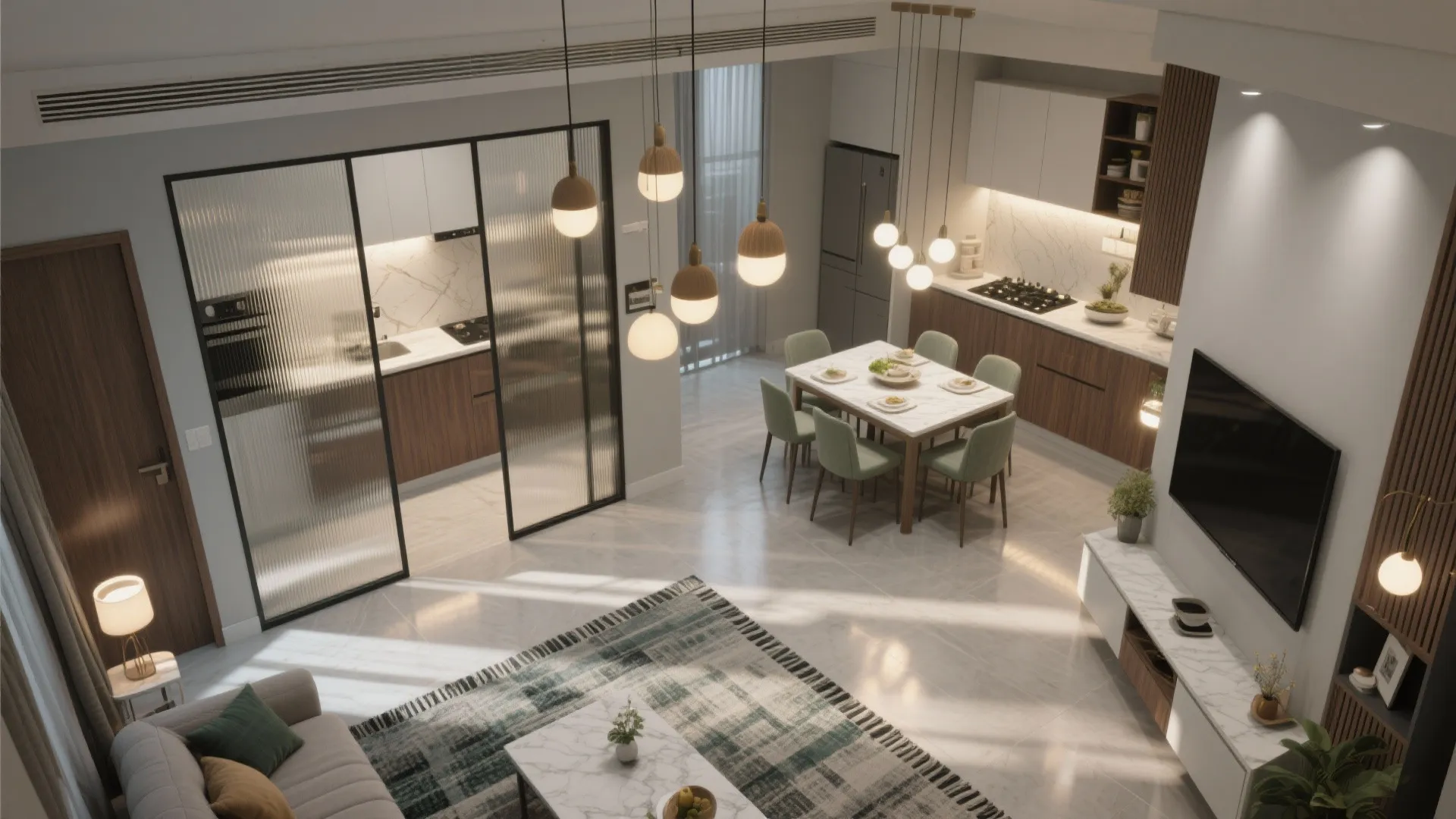 Top-down plan of semi-open kitchen, zoned living-dining with rug and pendant lighting, showing layered LED lighting.