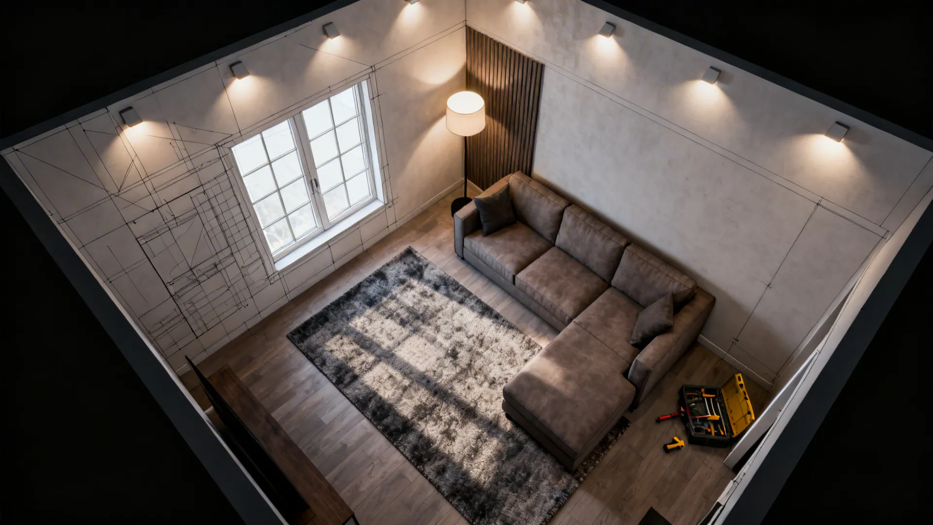 Living room layout view with reconfigured furniture and layered lighting plan.