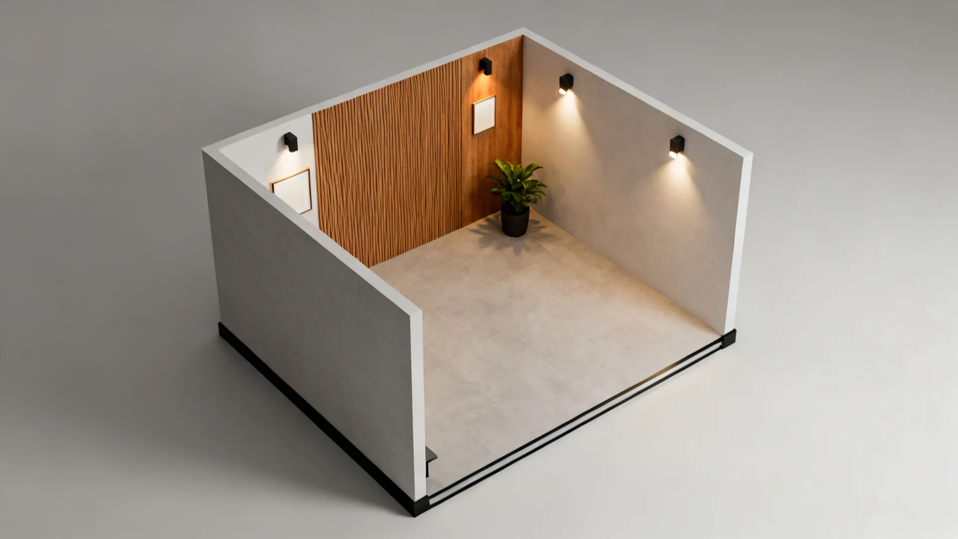 Top-down mockup of a small living room showing wood accent wall placement and lighting options