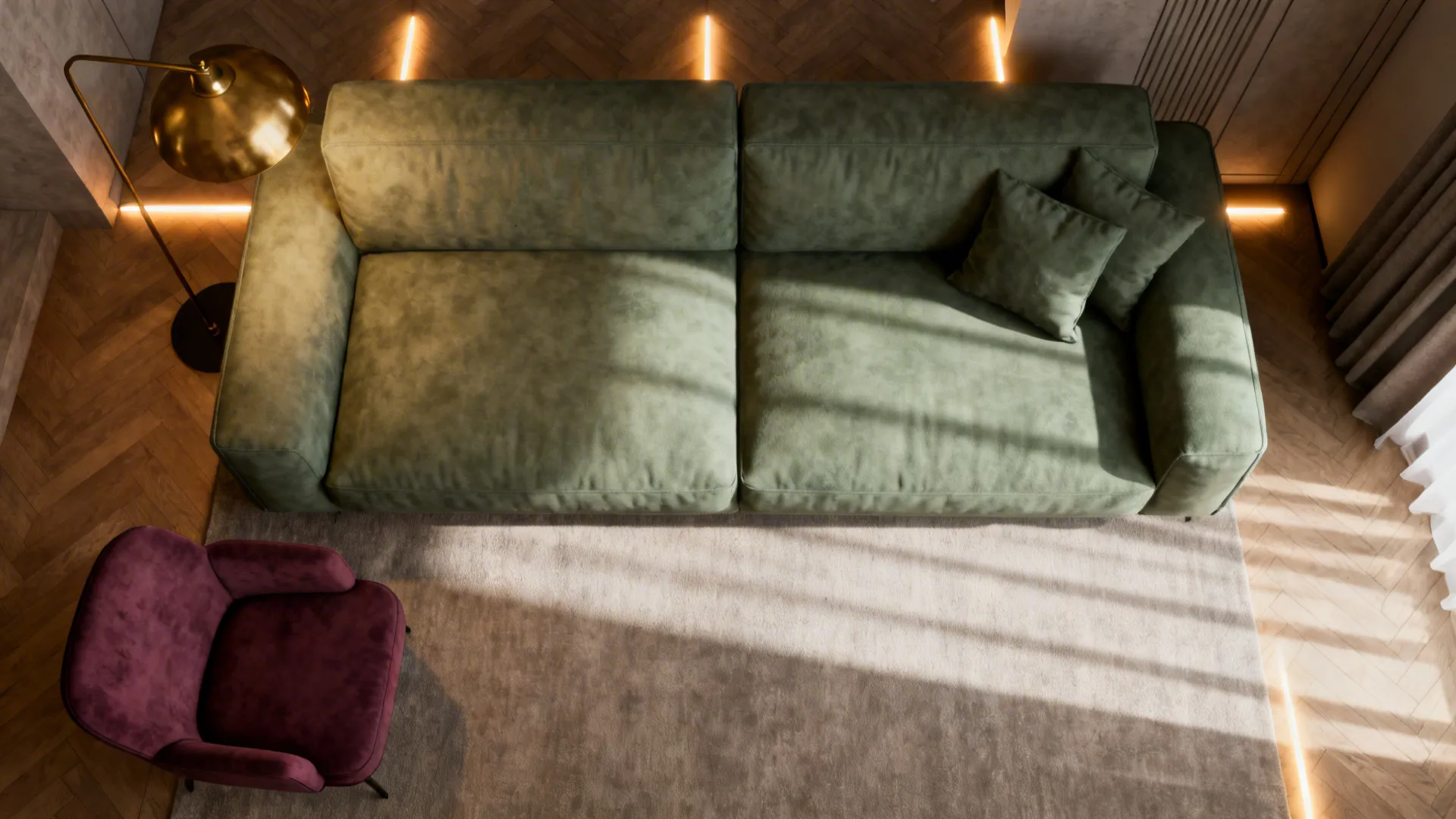 Top down view of green sofa purple chair gold floor lamp rug and room floor layout