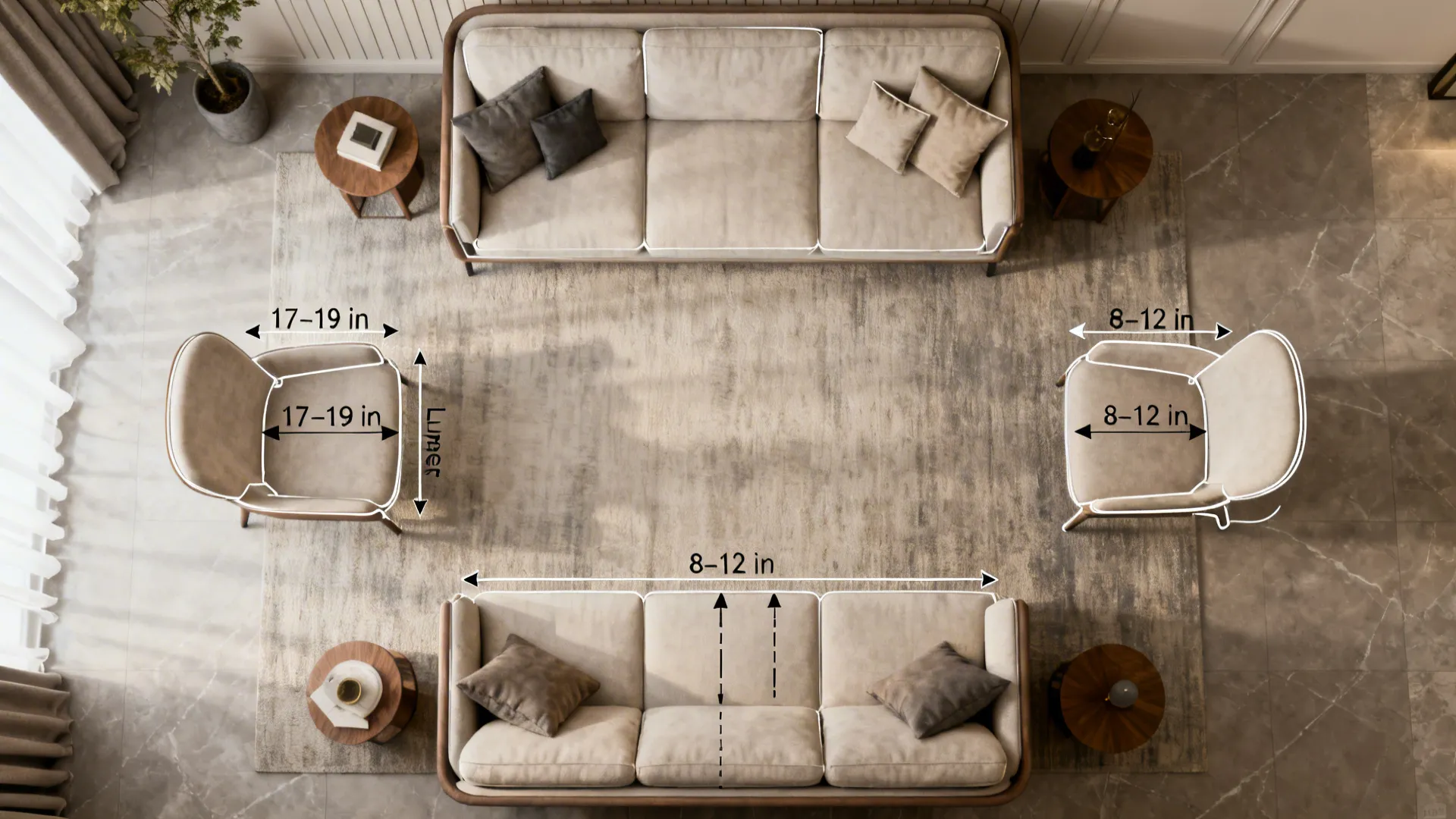 Top-down living room layout with seat depth and lumbar height annotations