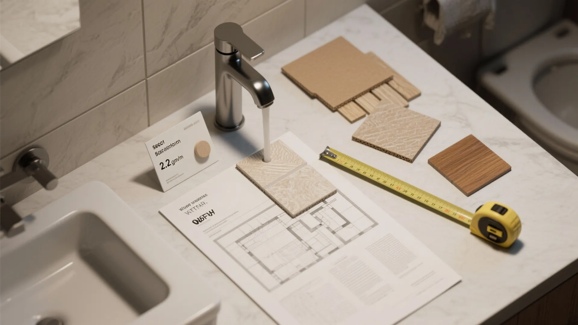 Flatlay of faucet spec, cardboard mock-up, and floor planner printouts for layout testing