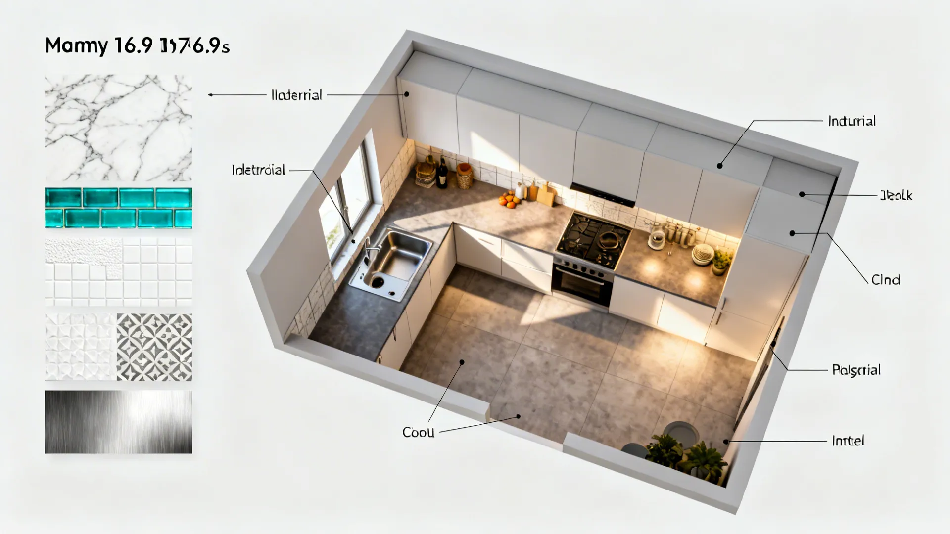 Top-down kitchen layout mockup with backsplash material swatches for comparison