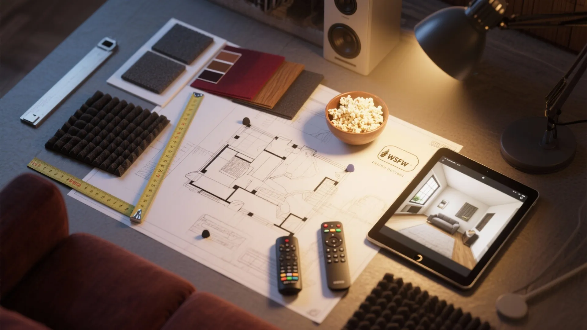 Interior design drawing on desk with tablet showing a sofa room layout and material samples