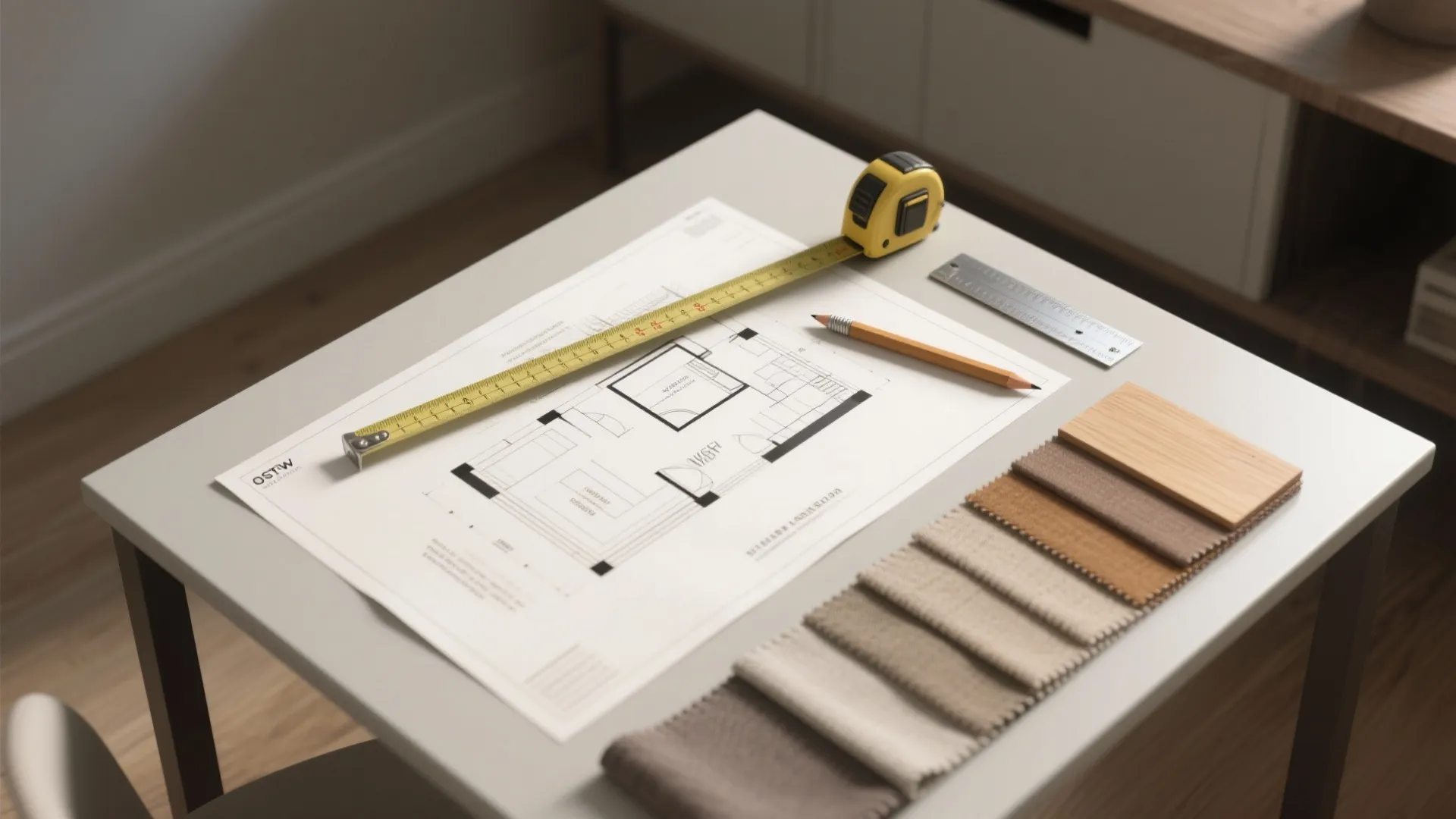 Desk showing house floor plan with yellow tape measure pencil ruler and fabric color samples