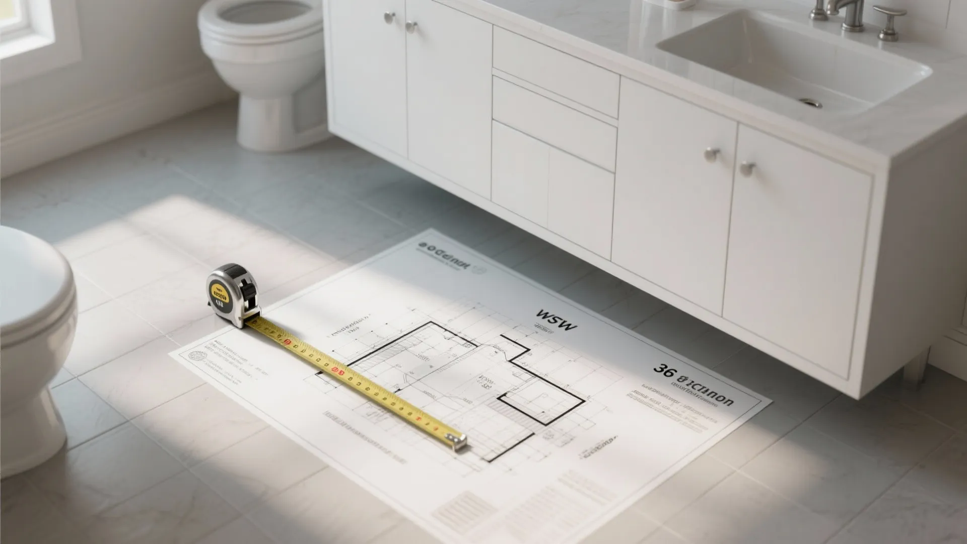 Measuring tape and floor planner with clearance notes beside a white 36-inch vanity