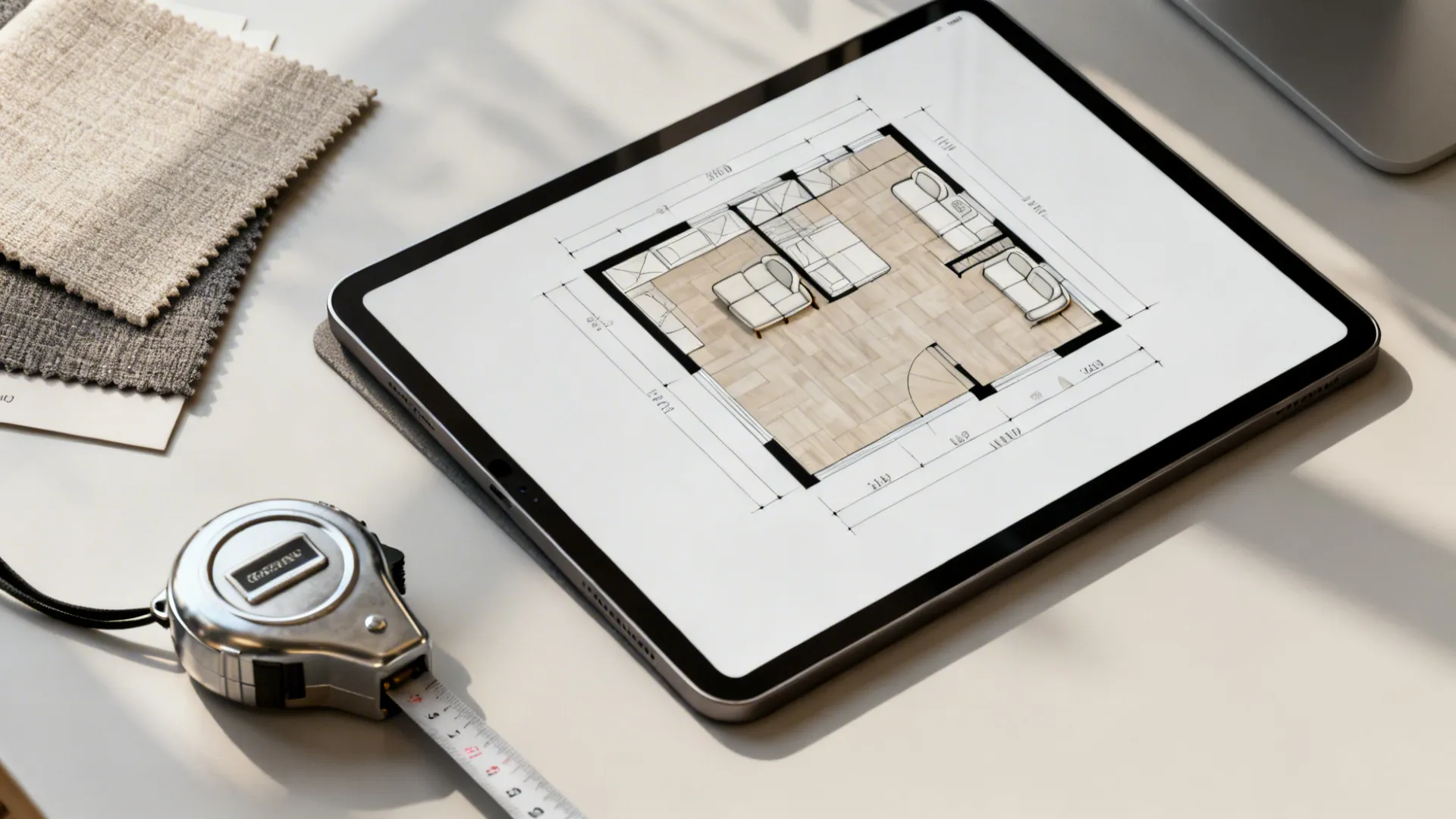 Tablet with a floor plan, tape measure and fabric swatches showing planning for seating scale