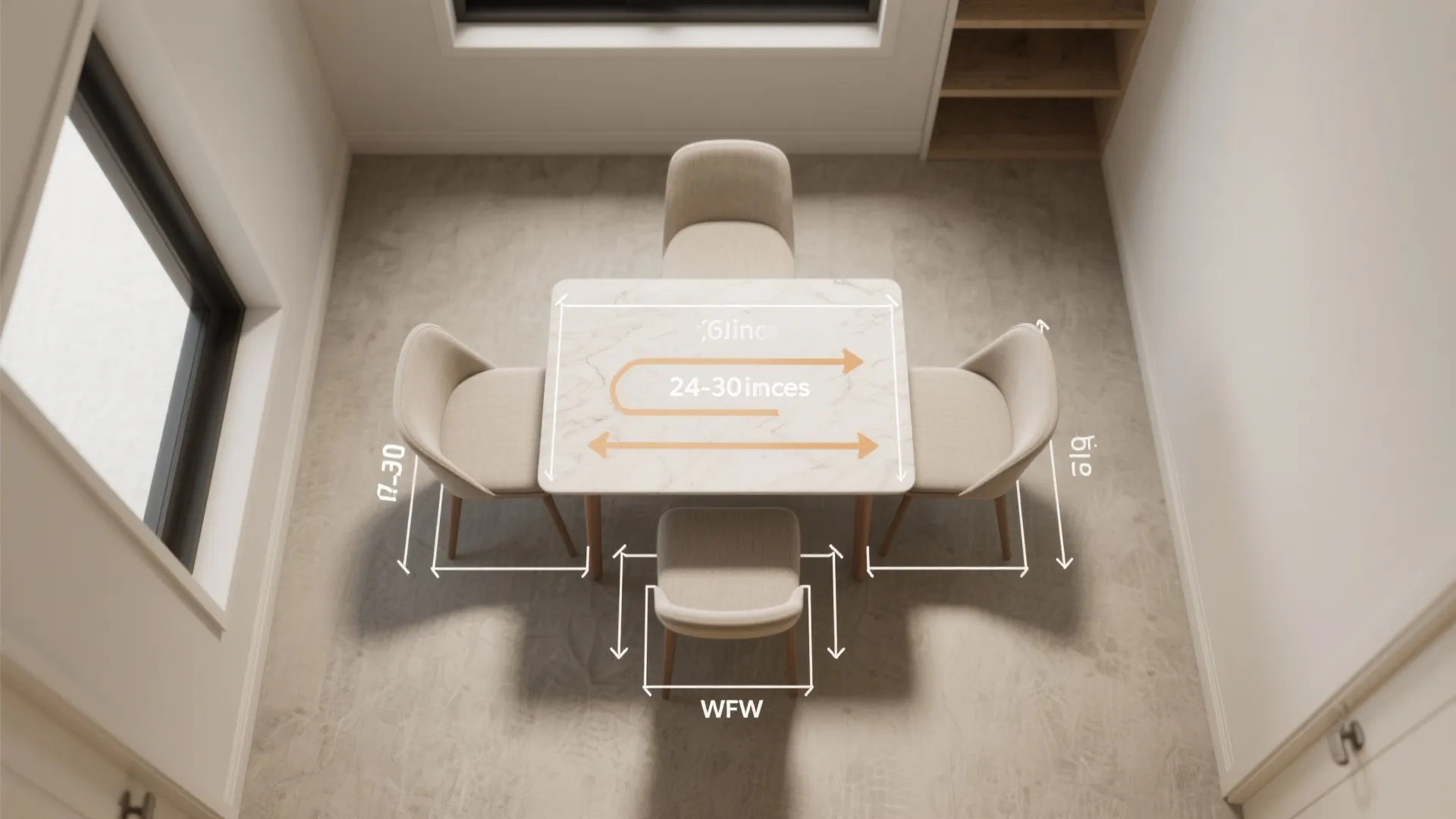 Top-down layout of a three-piece dining set showing clearance measurements and circulation flow.