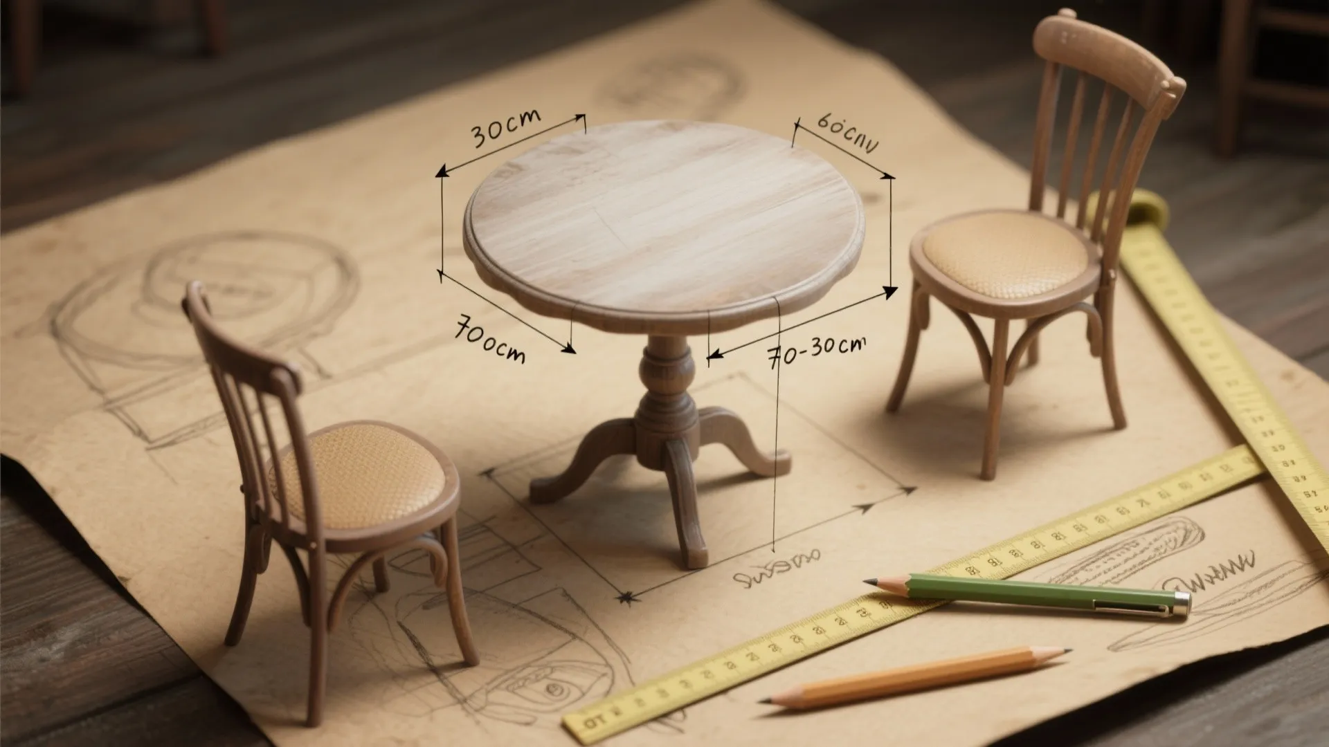 Top-down layout sketch showing measurements and clearance tips for small vintage tables.