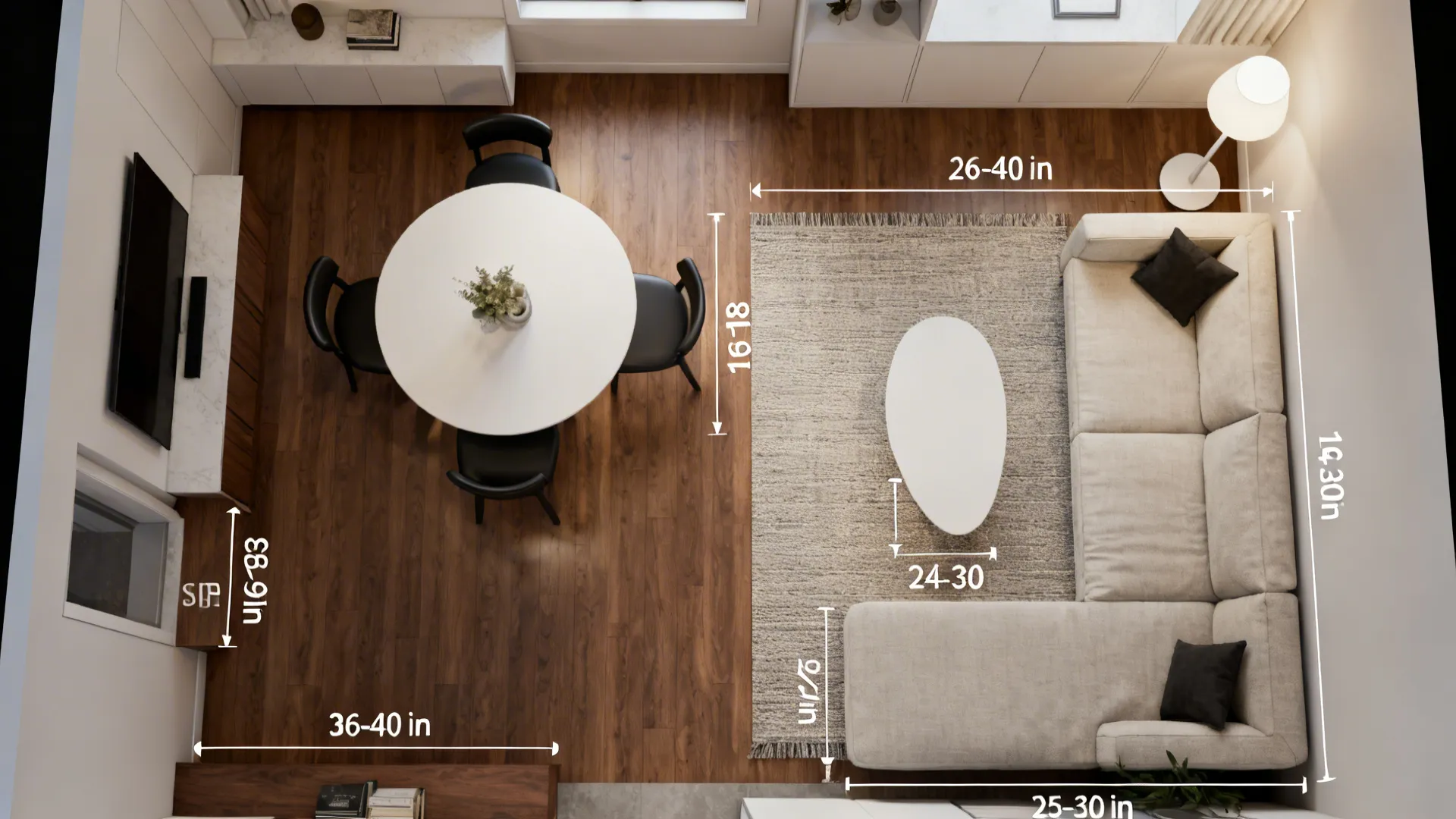 Top down room layout with round table sofa rug and measurement lines on wood floor