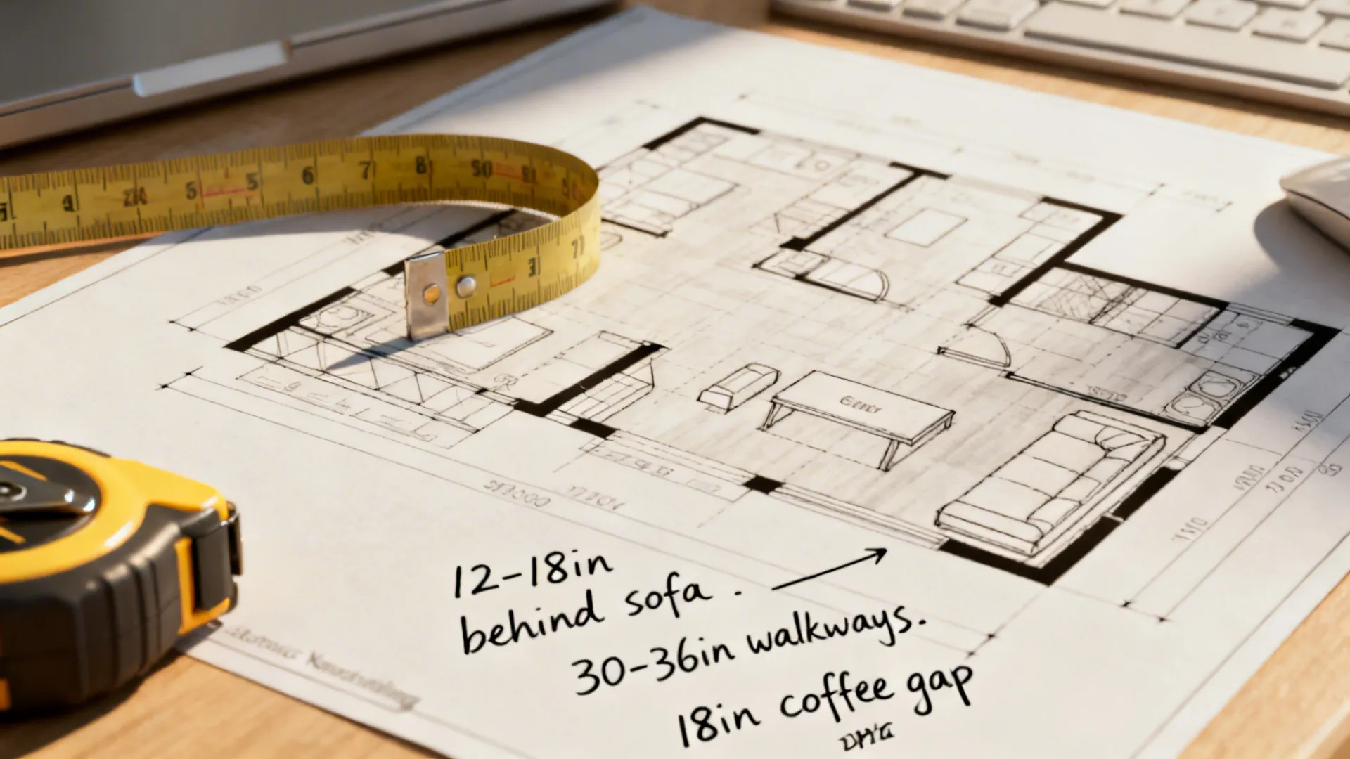Annotated floor plan and measuring tape showing recommended clearances for furniture layout.