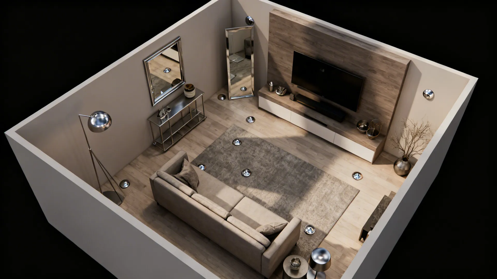 Top-down 3D floor plan showing placement of a statement metal piece and accessory repeats in a small living room.