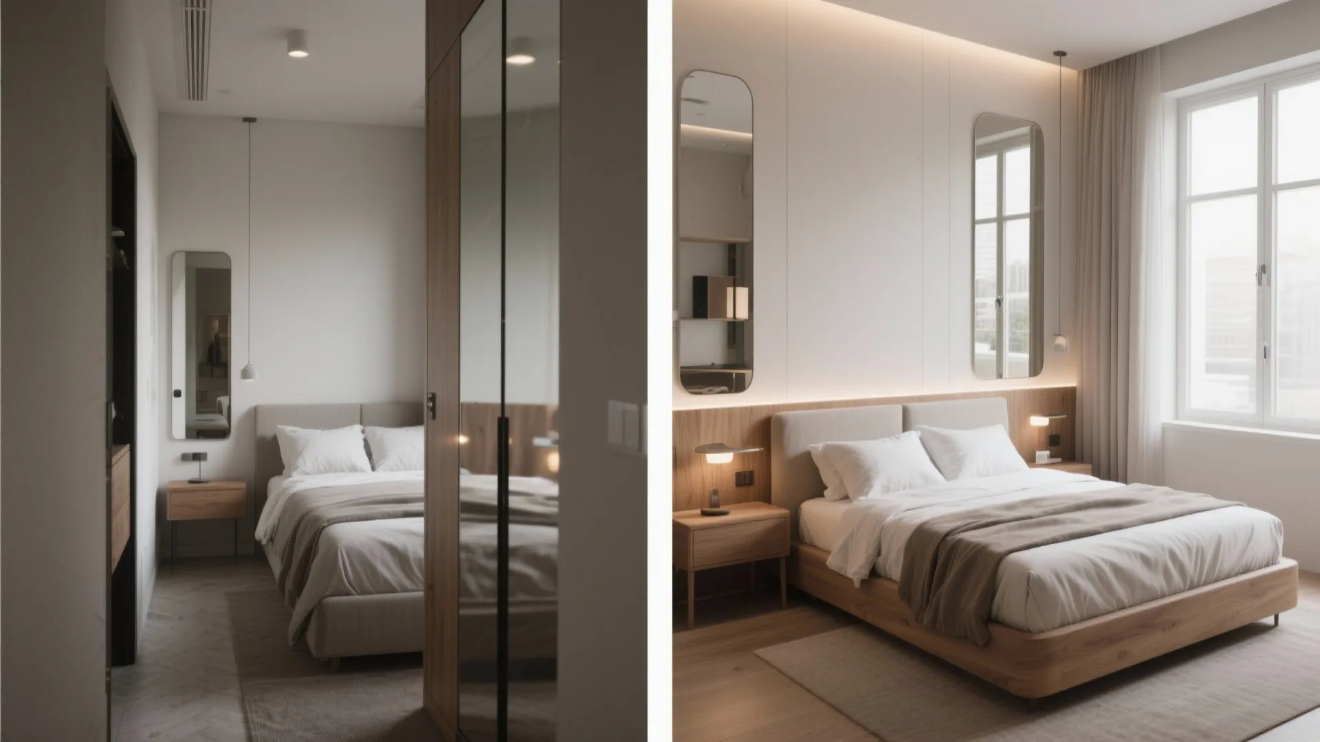 Modern bedroom featuring a wooden bed with white bedding and mirrors on the wall panels