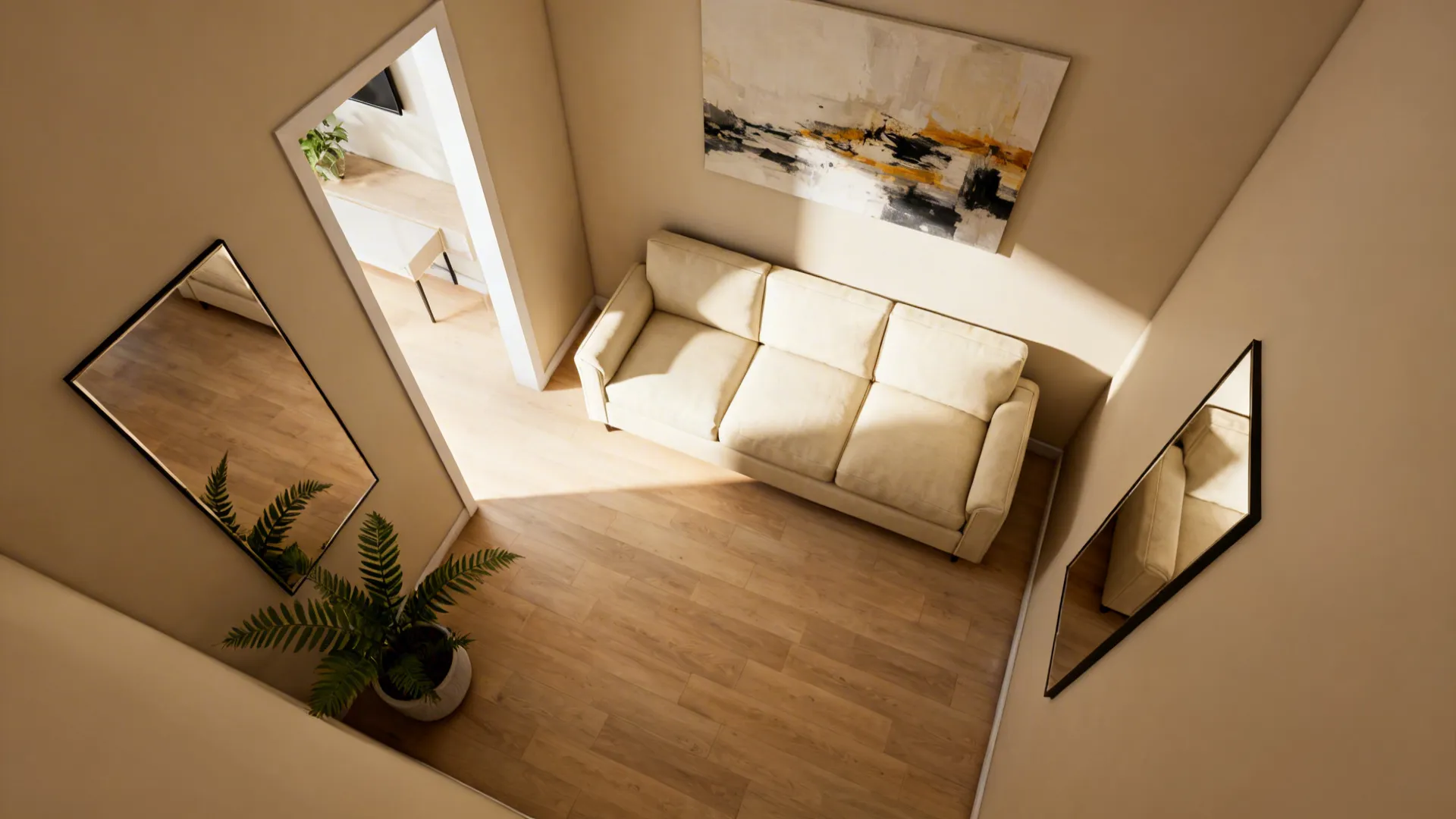 Top-down view of living room showing mirror placements that do not face the TV or bed