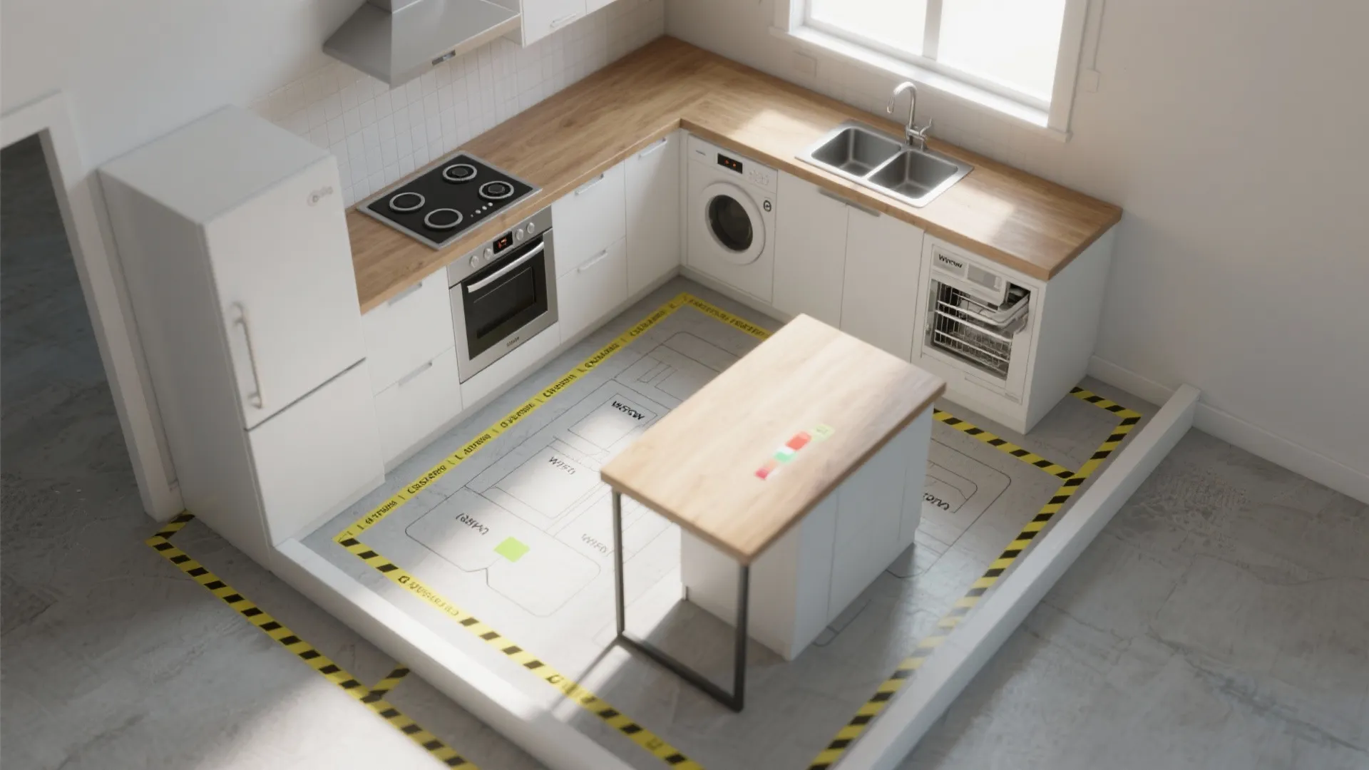 Top view of a small kitchen interior design drawing showing fridge, stove, and island table