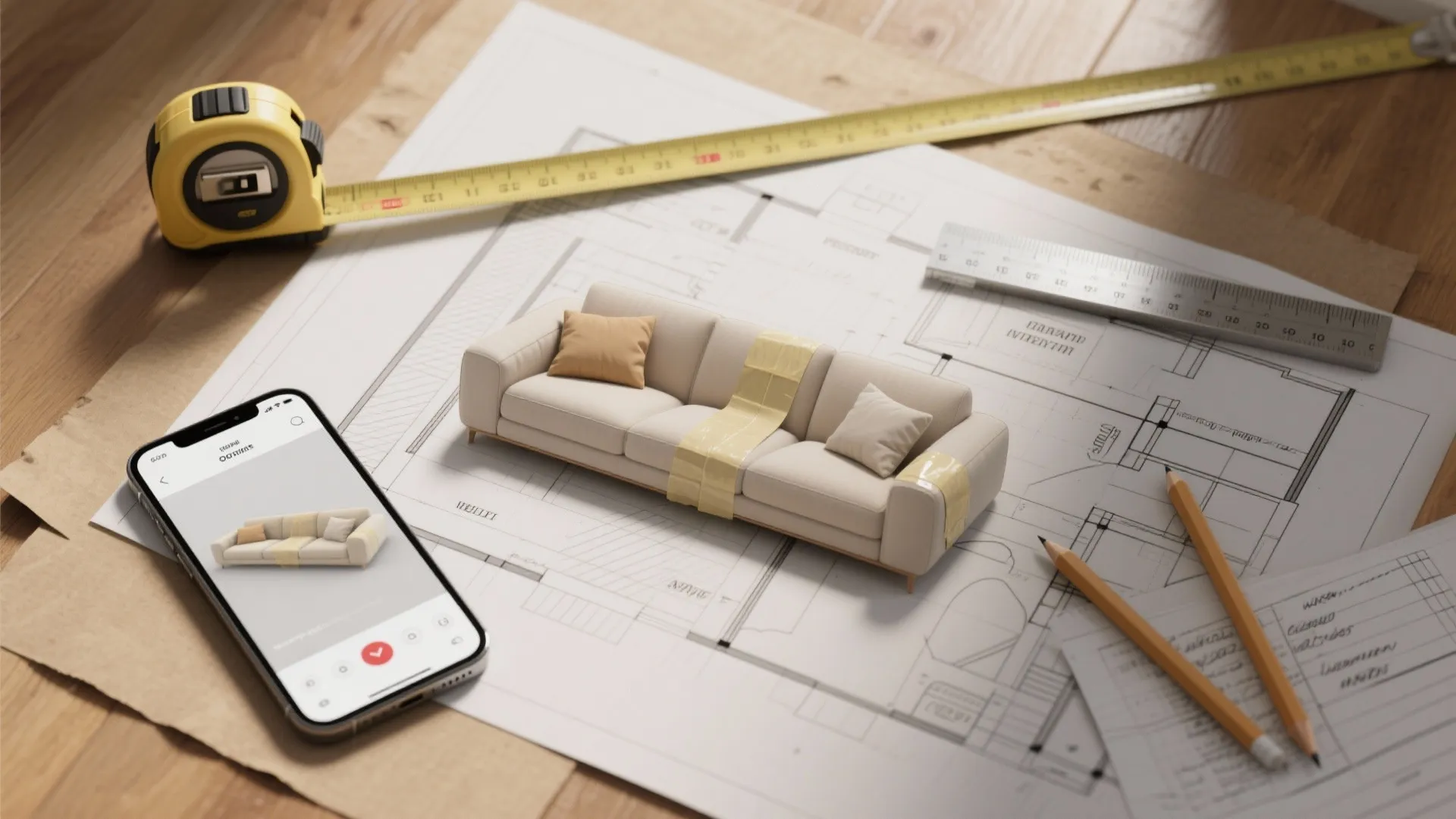Interior design drawing with miniature sofa smartphone app measuring tape pencils and ruler on table
