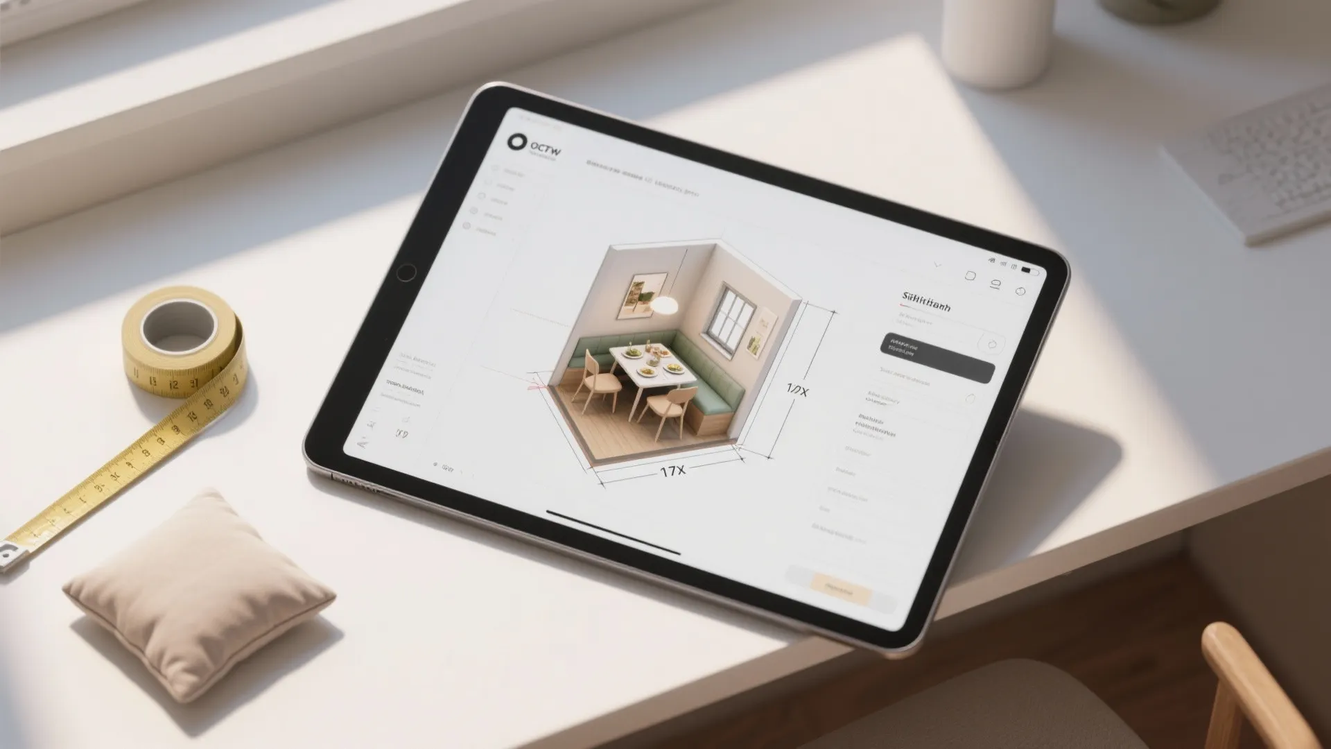 Digital tablet on white desk showing interior design drawing of dining area with table and chairs