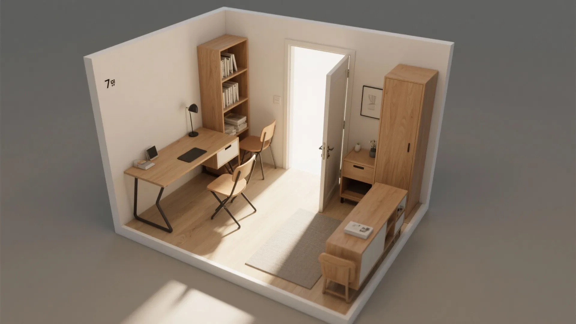 Interior design drawing of a small room layout with wooden desk bookshelf chairs and cabinet